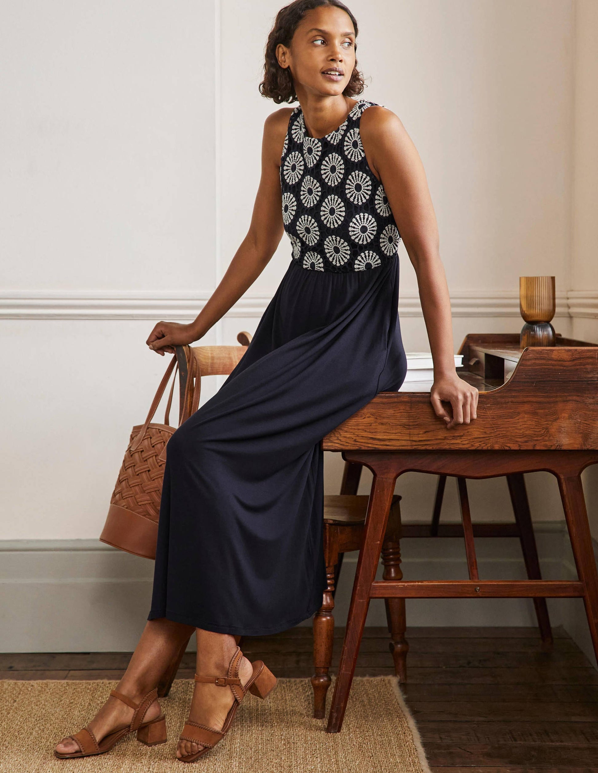 Robe midi en jersey et crochet-Bleu marine-4