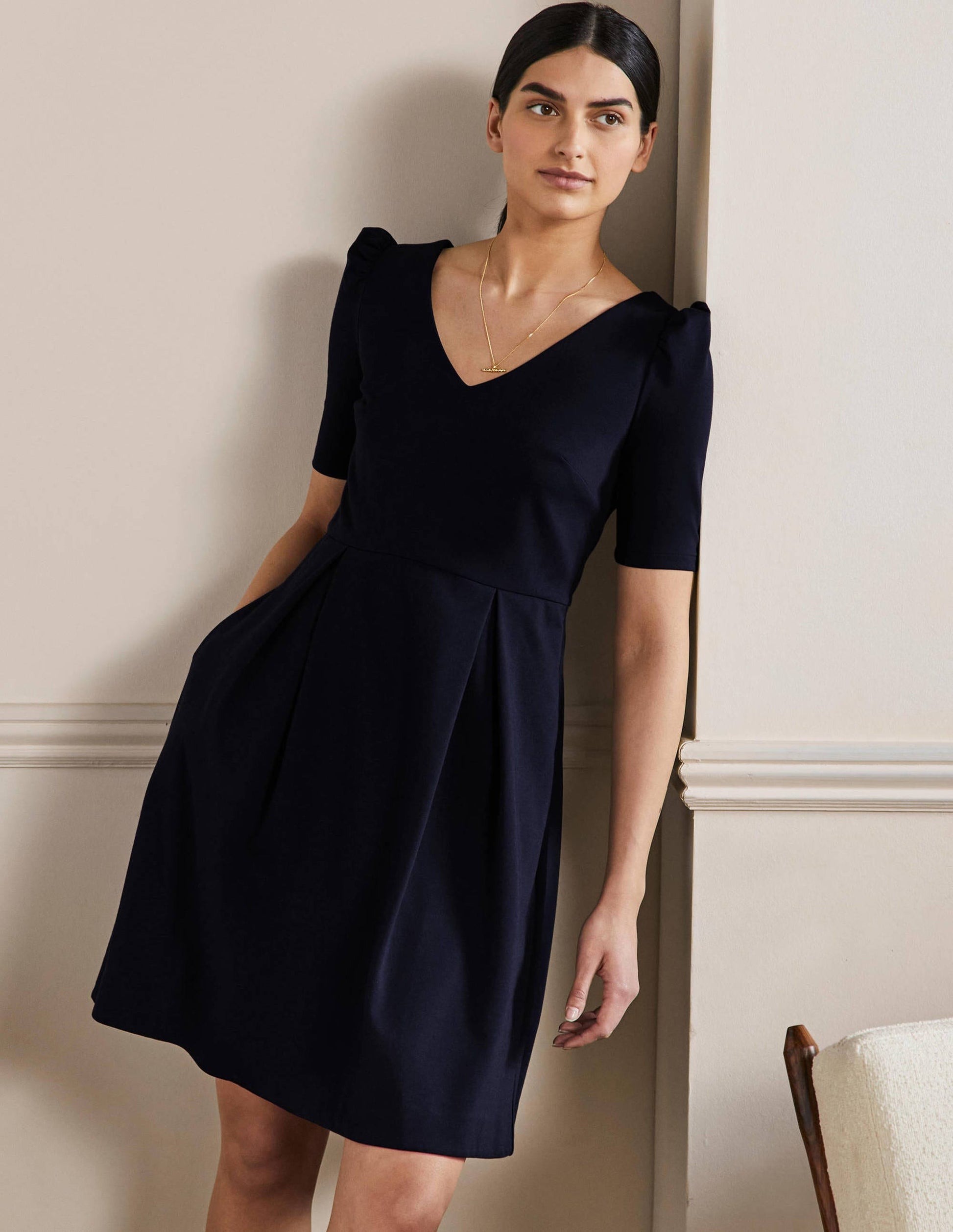 Jerseykleid mit Puffärmeln-Marineblau-1