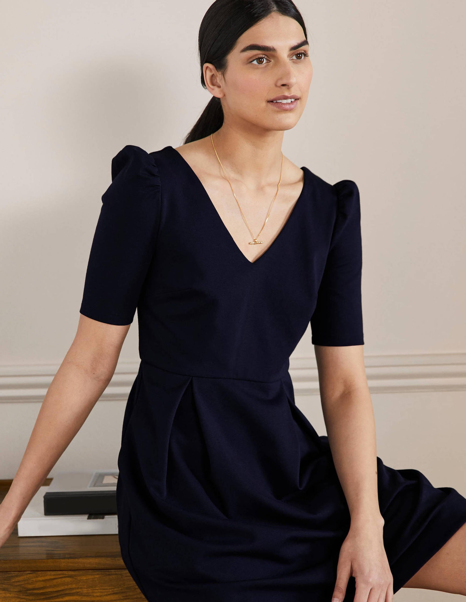 Jerseykleid mit Puffärmeln-Marineblau-4