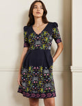 Jerseykleid mit Puffärmeln-Navy, Orientalisches Palmenmuster