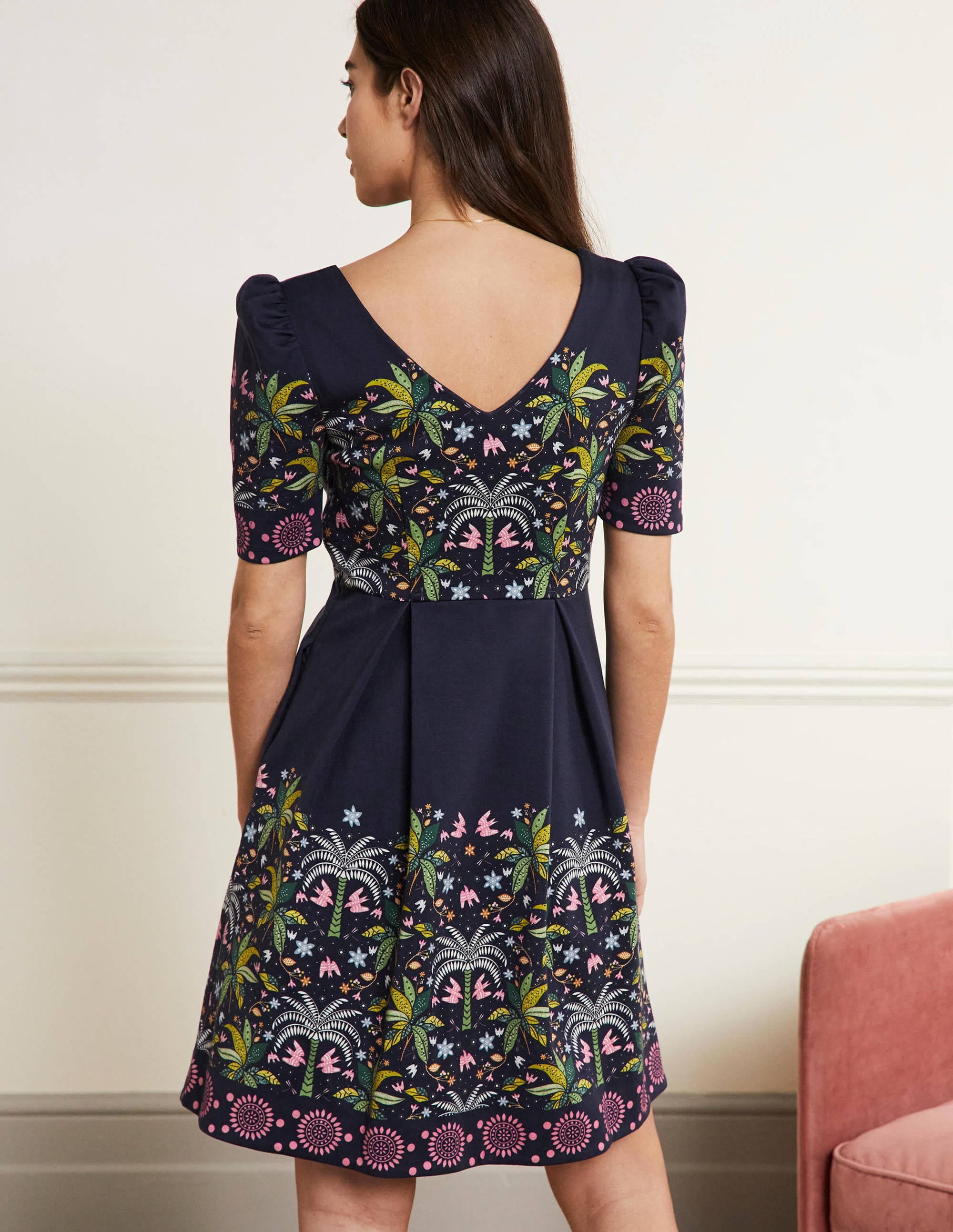 Jerseykleid mit Puffärmeln-Navy, Orientalisches Palmenmuster - Image 3