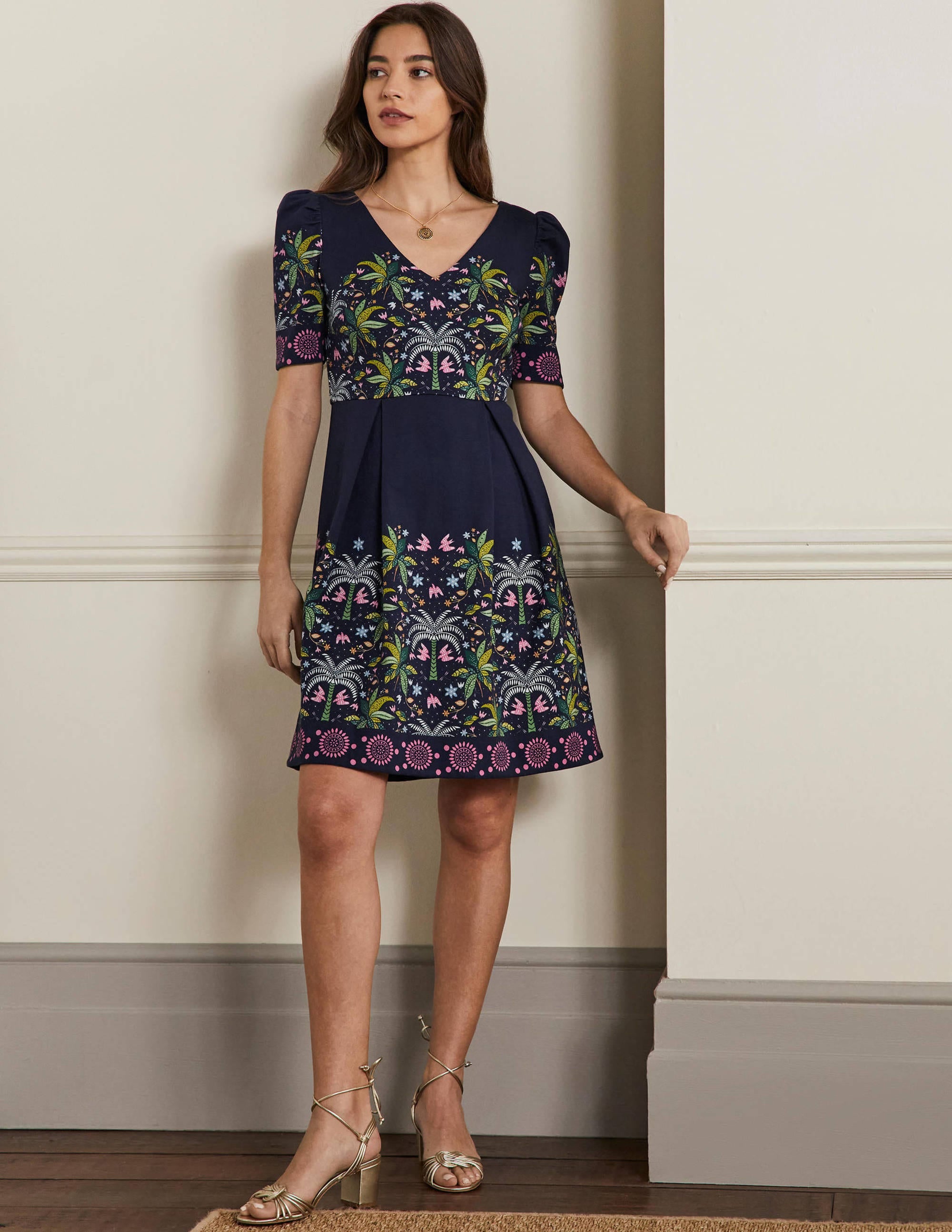 Jerseykleid mit Puffärmeln-Navy, Orientalisches Palmenmuster - Image 4