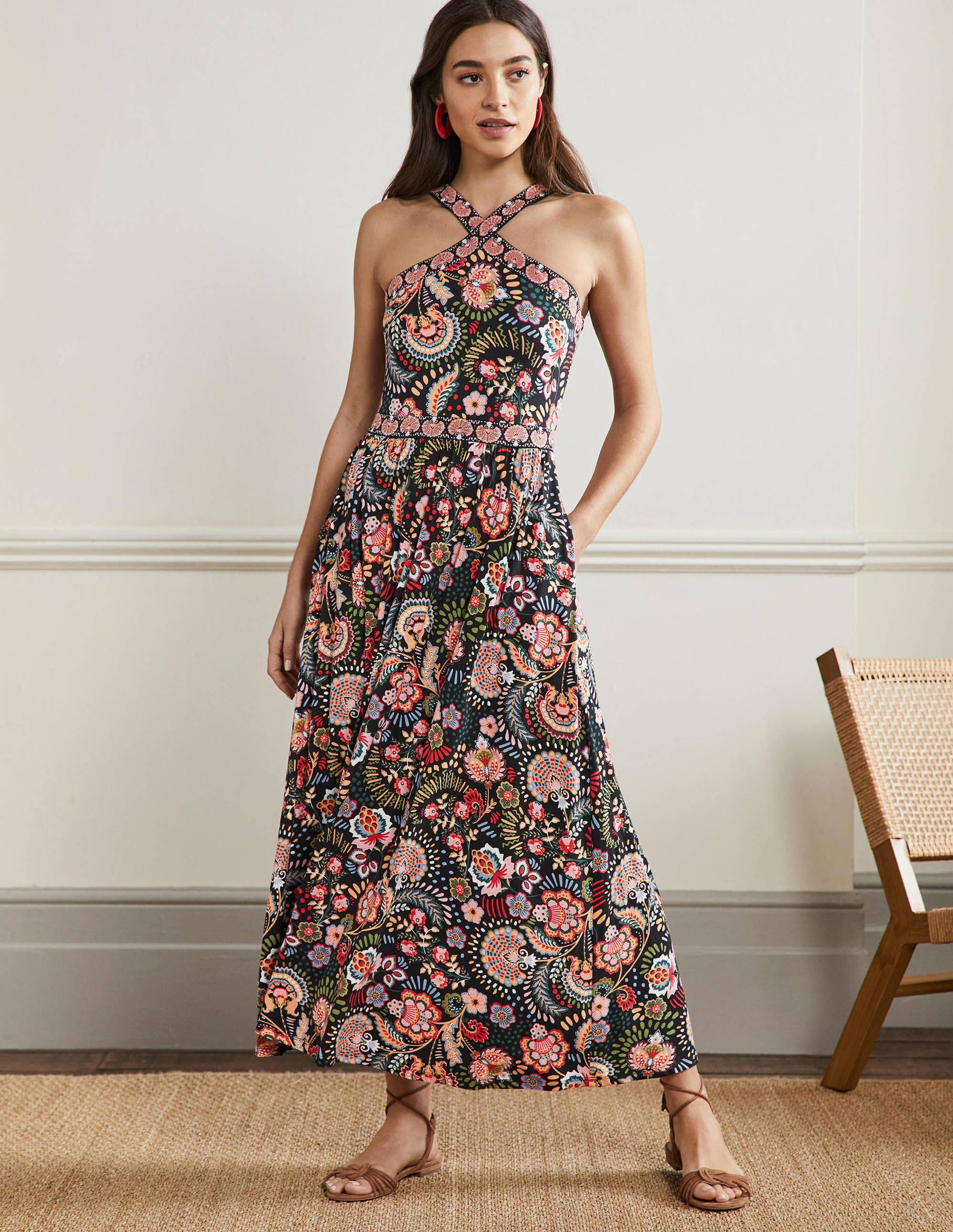 Robe longue dos-nu en jersey-Motif Decorative Meadow noir-1