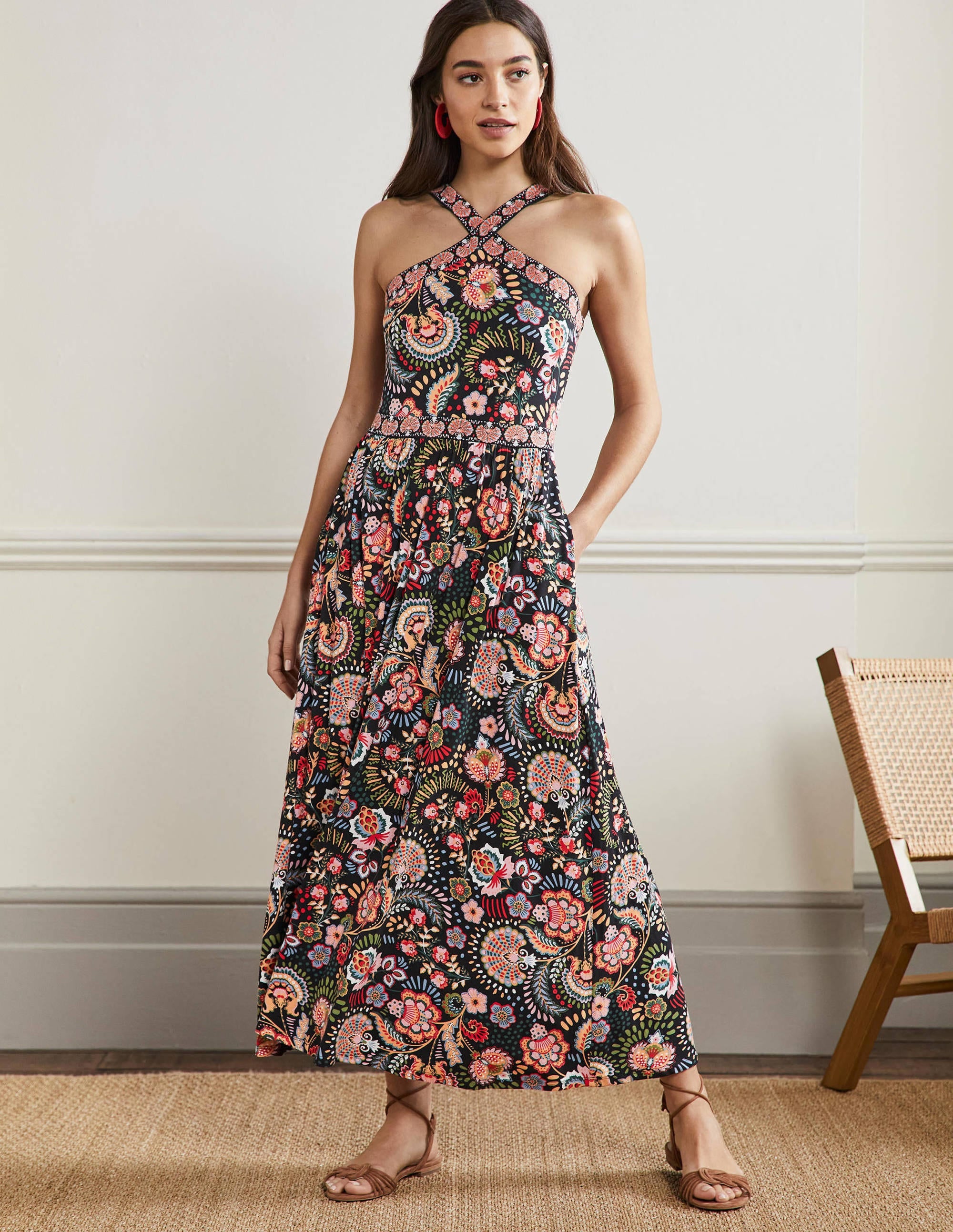 Robe longue dos-nu en jersey-Motif Decorative Meadow noir - Image 1