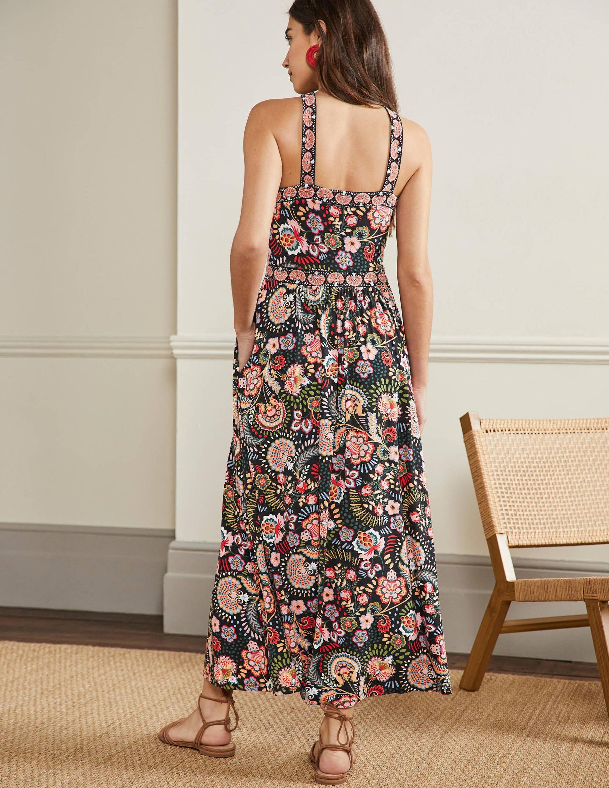 Robe longue dos-nu en jersey-Motif Decorative Meadow noir-3