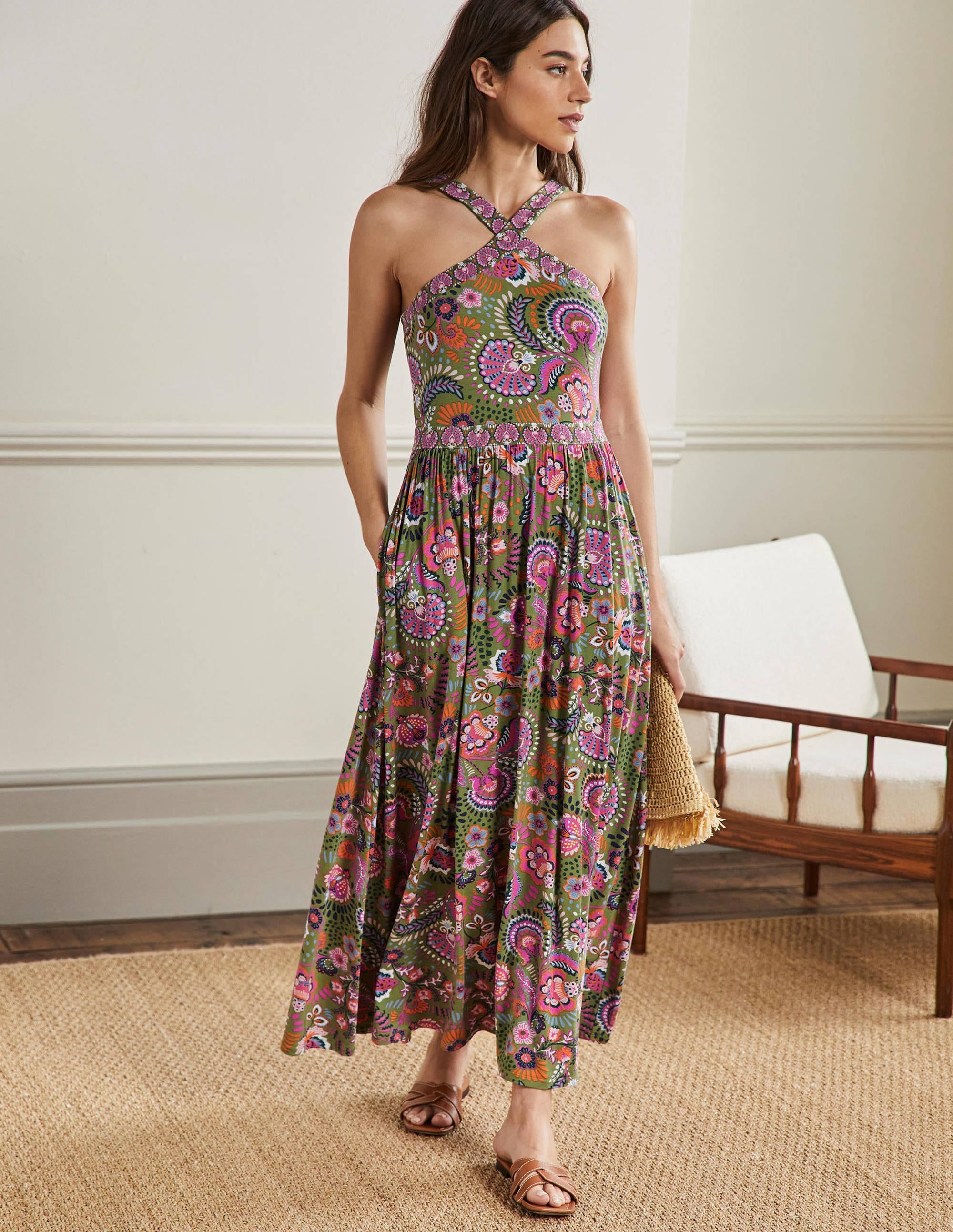 Robe longue dos-nu en jersey-Motif Decorative Meadow petit pois - Image 1