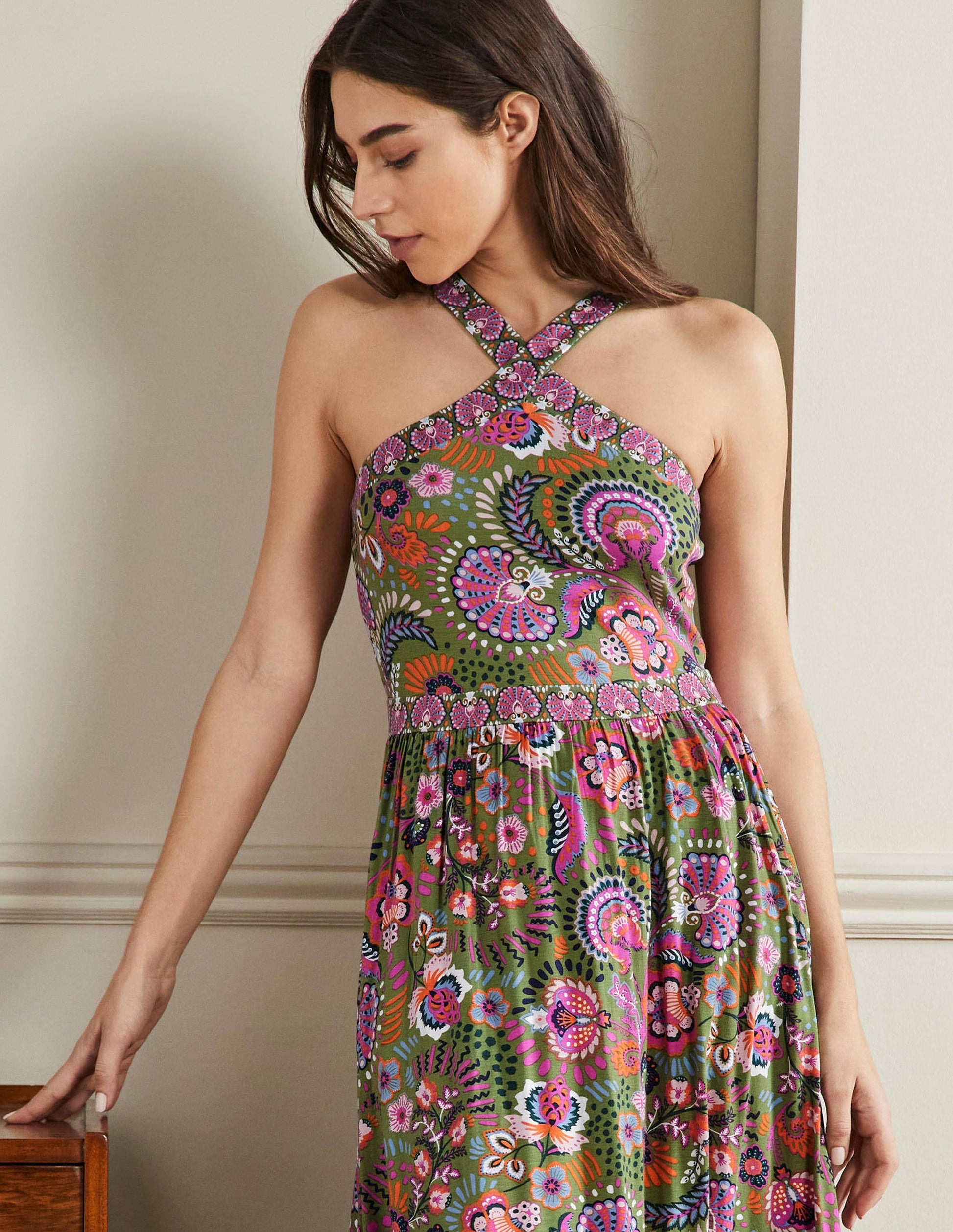 Robe longue dos-nu en jersey-Motif Decorative Meadow petit pois-2