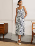 Robe midi col U en jersey-Bleu marine, motif Palm Swirl