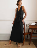 Robe longue col V en jersey-Noir