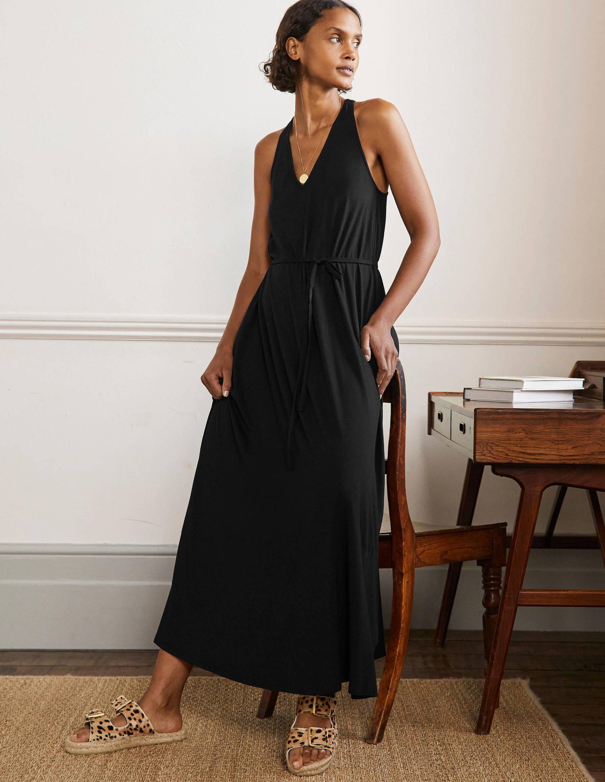 Robe longue col V en jersey-Noir-1