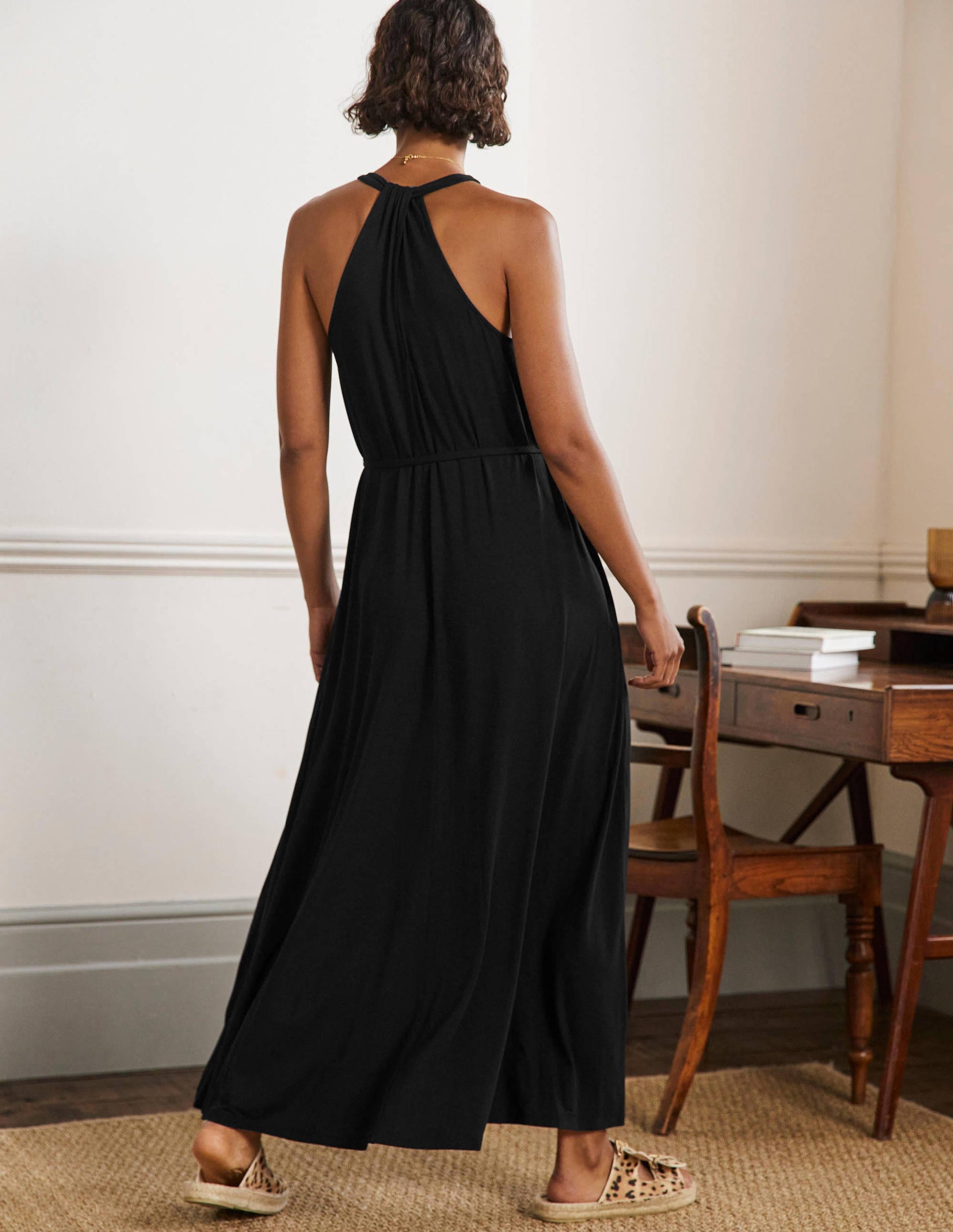 Robe longue col V en jersey-Noir-3