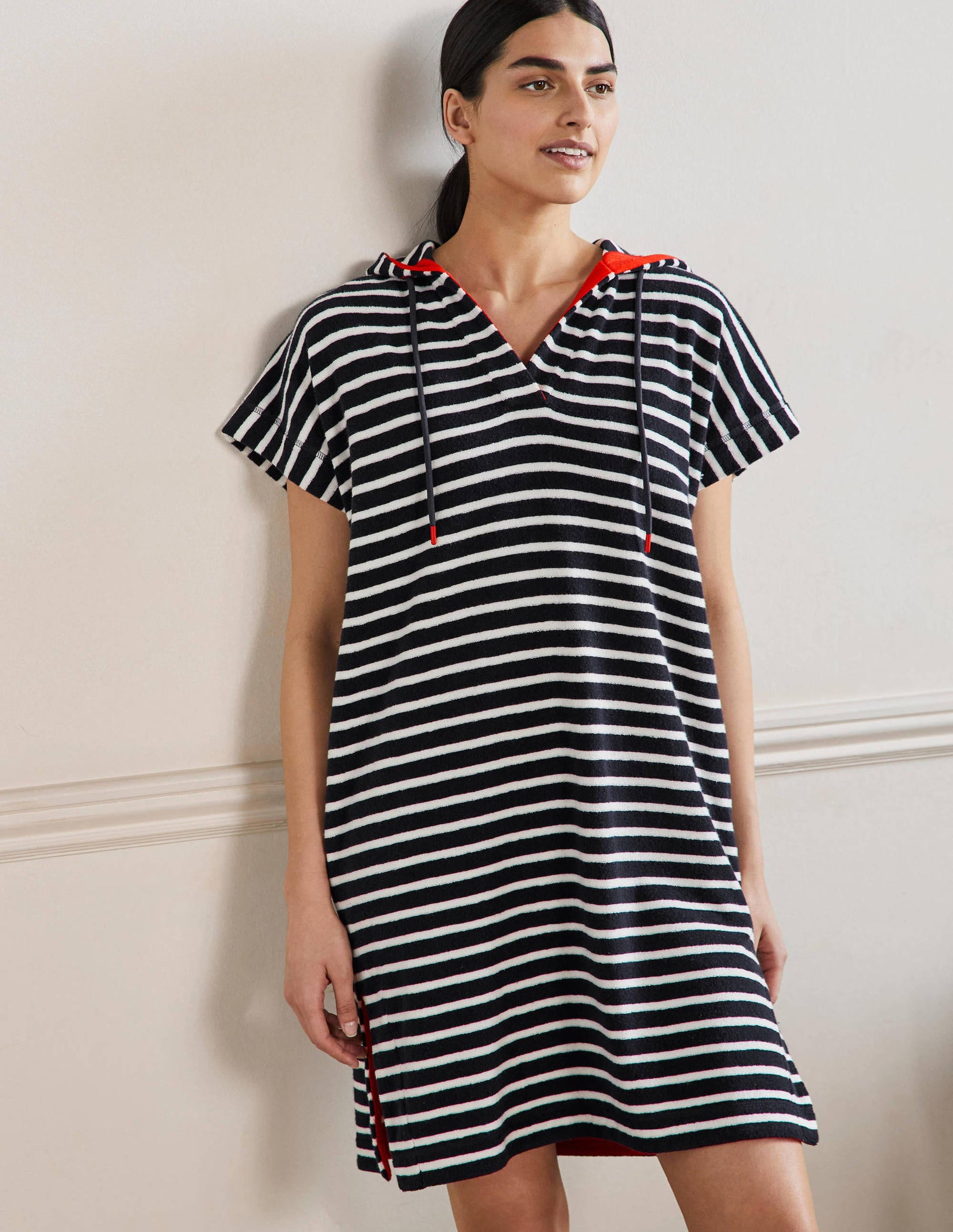 Robe à capuche Erica en éponge-Rayé bleu marine foncé et ivoire-1