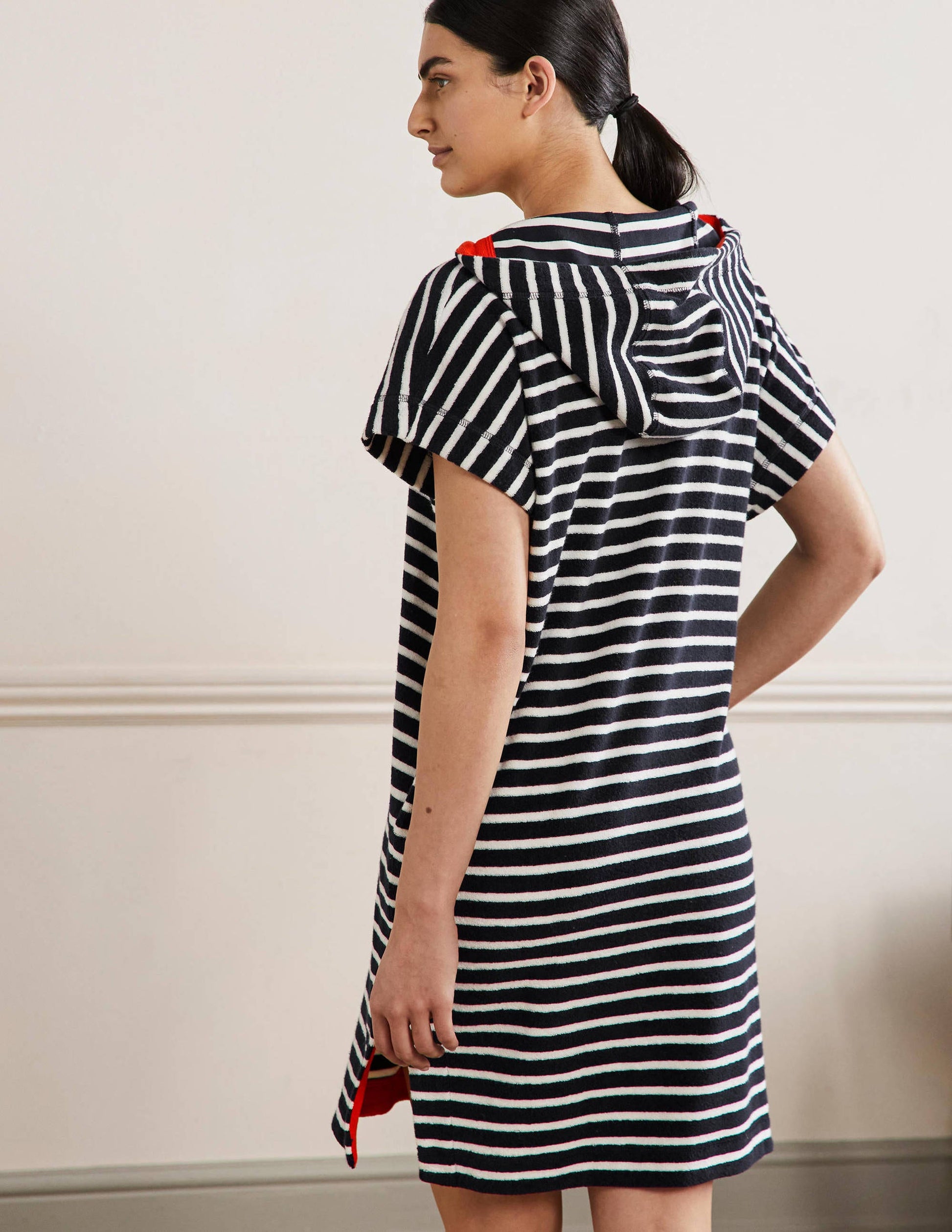 Robe à capuche Erica en éponge-Rayé bleu marine foncé et ivoire-3