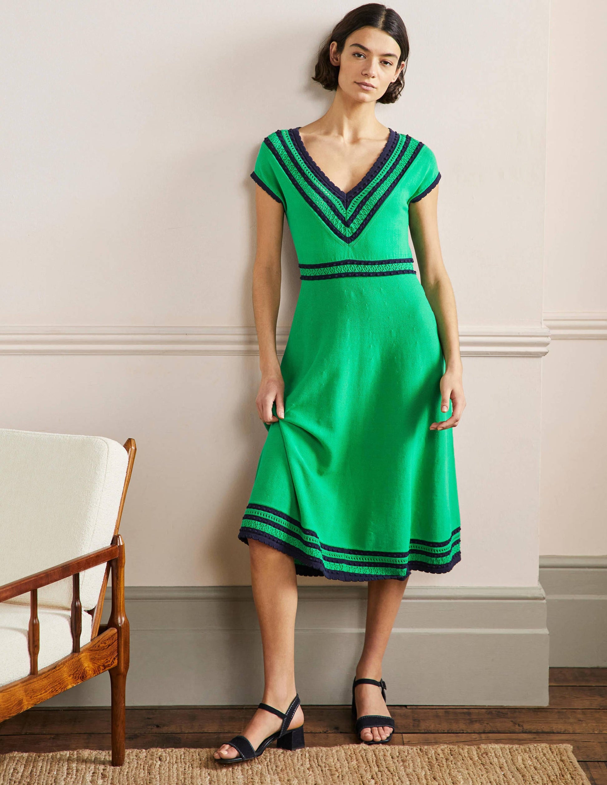 Midi-Strickkleid mit Zierborte-Sattes Smaragdgrün-1