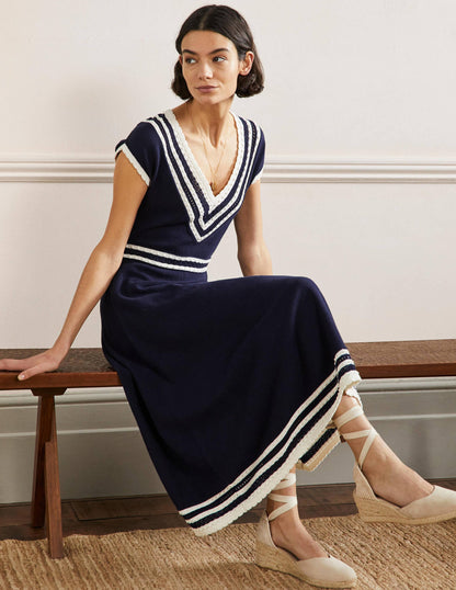 Midi-Strickkleid mit Zierborte-Marineblau-4