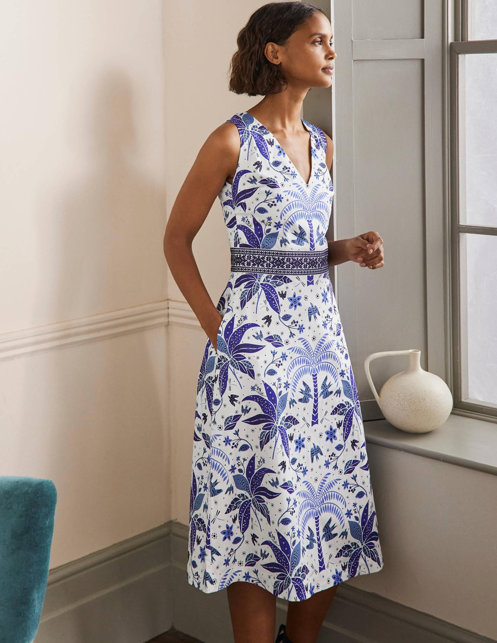 Robe midi brodée à la taille-Océan Atlantique, motif Oriental Palm-4
