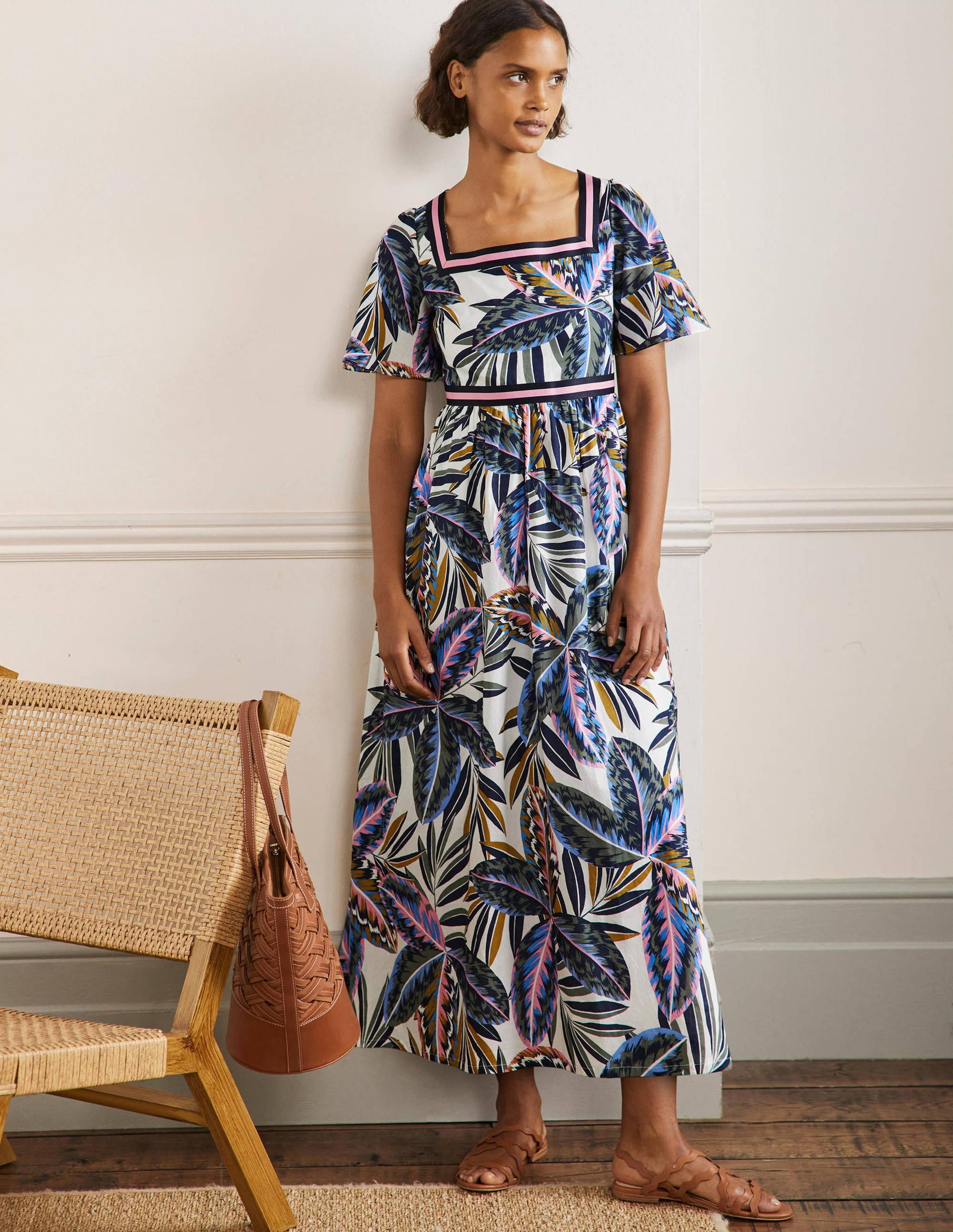Robe longue rayée-Multi, motif Exotic Leaves-4