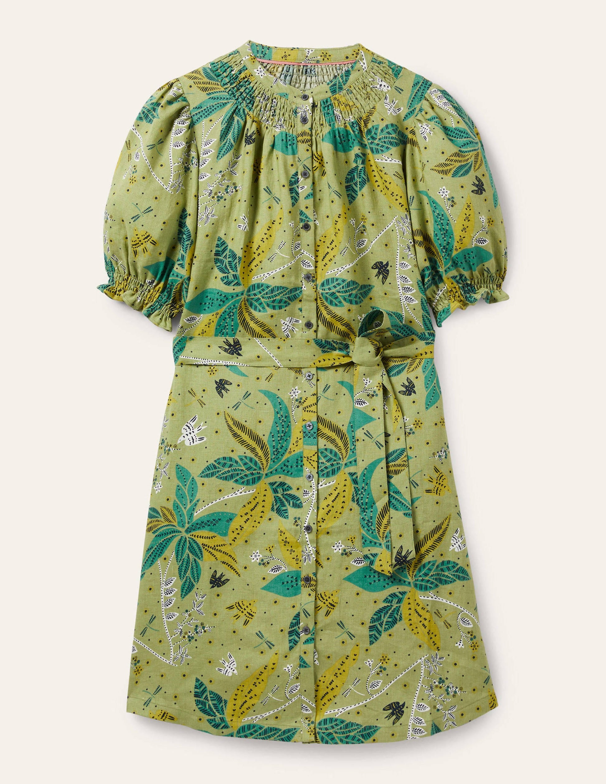 Robe-chemise à smocks en lin-Feuille, motif Oriental Cascade-6