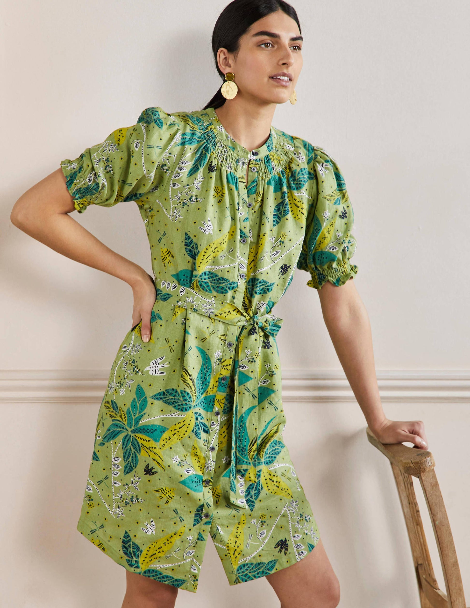 Robe-chemise à smocks en lin-Feuille, motif Oriental Cascade-1