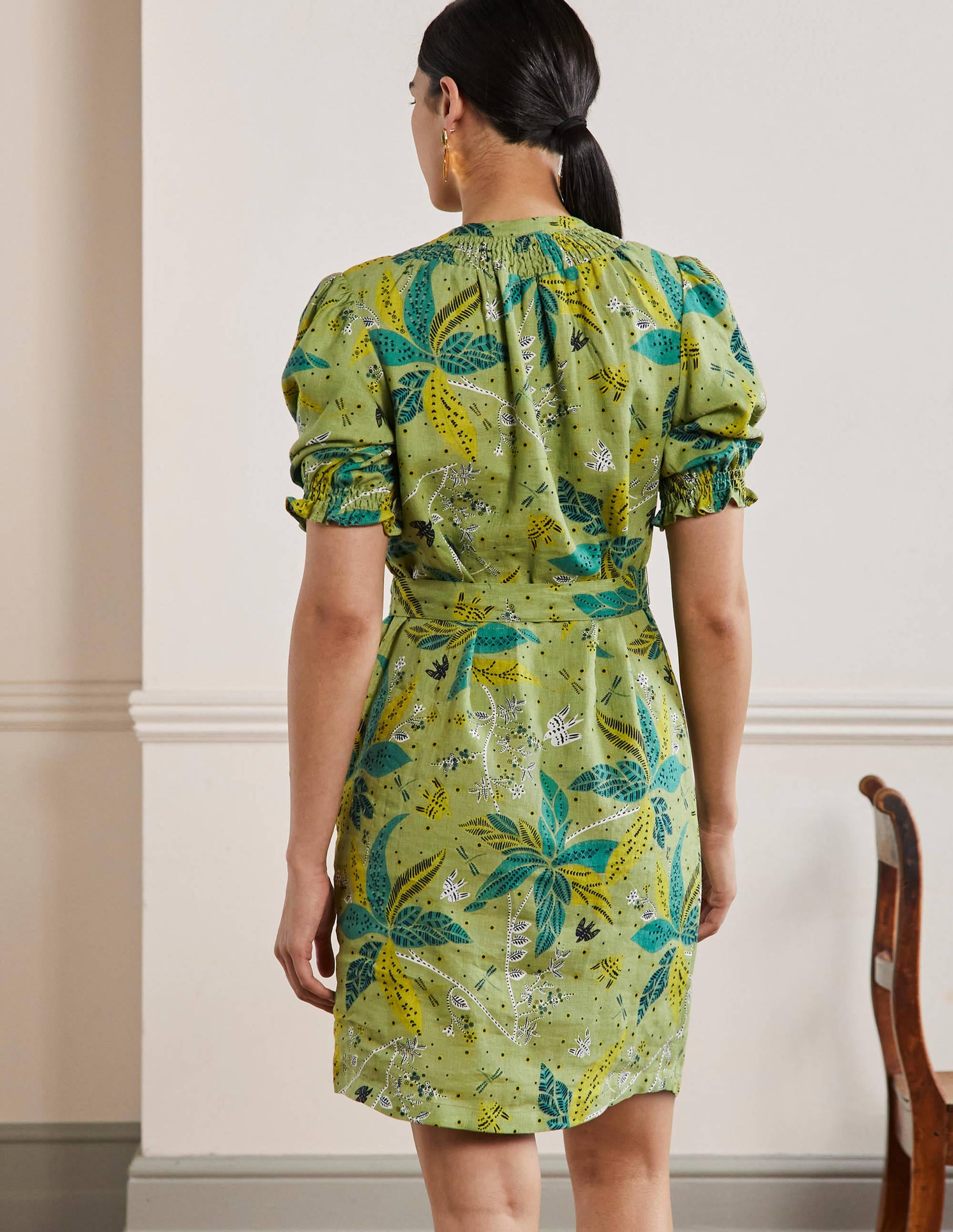 Robe-chemise à smocks en lin-Feuille, motif Oriental Cascade - Image 3