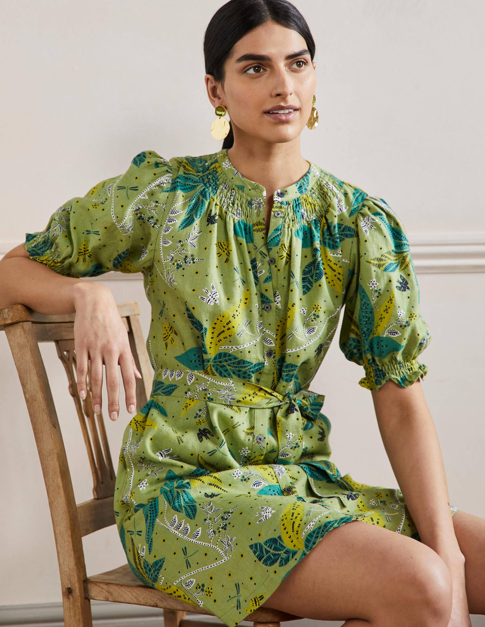 Robe-chemise à smocks en lin-Feuille, motif Oriental Cascade - Image 4