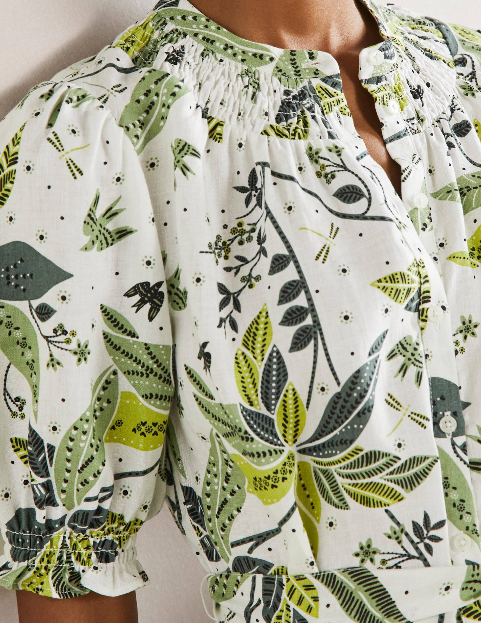 Robe-chemise à smocks en lin-Ivoire, motif Oriental Cascade-2