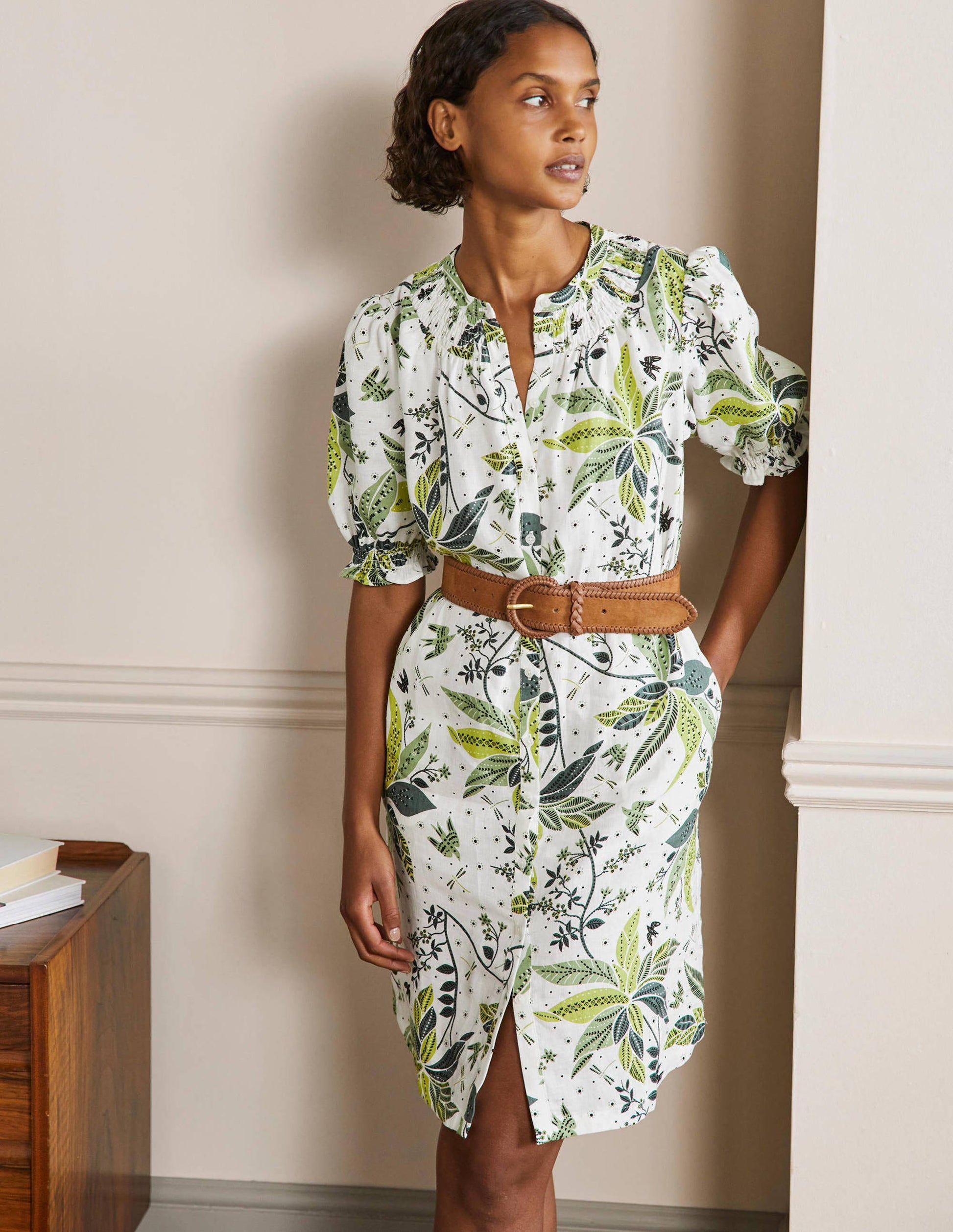 Robe-chemise à smocks en lin-Ivoire, motif Oriental Cascade-4