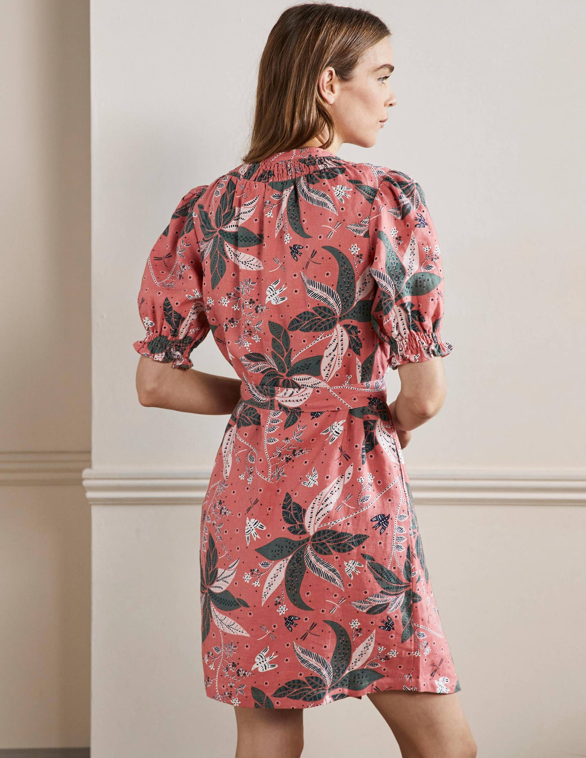 Gesmoktes Hemdblusenkleid aus Leinen-Staubrot, Orientalisches Muster-3