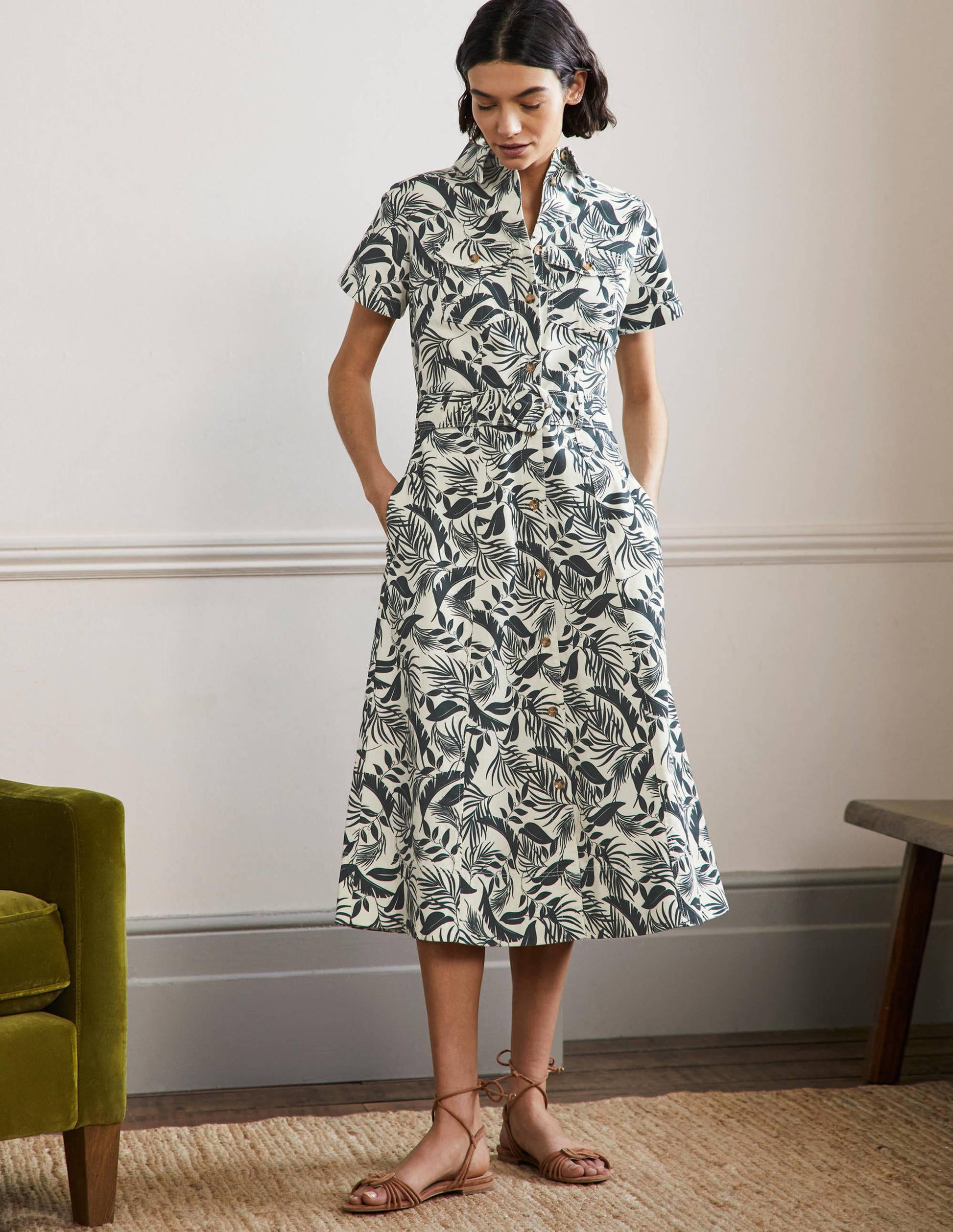 Belted Midi Shirt Dress-Garden, Tropic Foliage-1