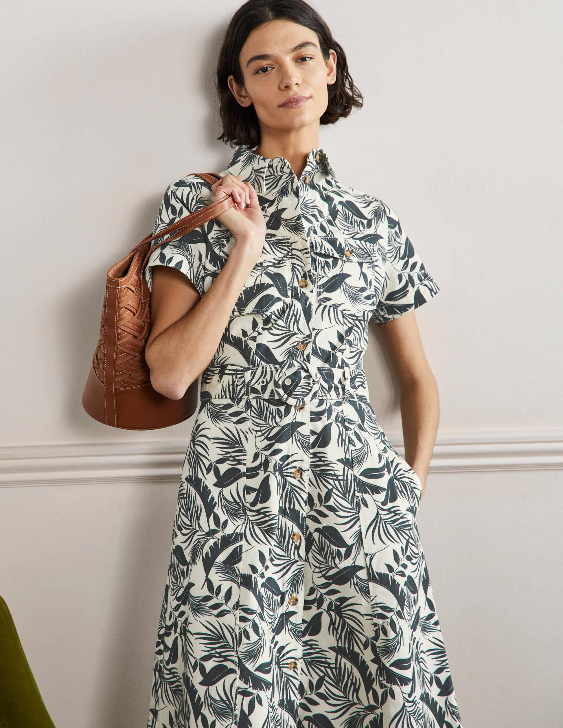 Belted Midi Shirt Dress-Garden, Tropic Foliage-4