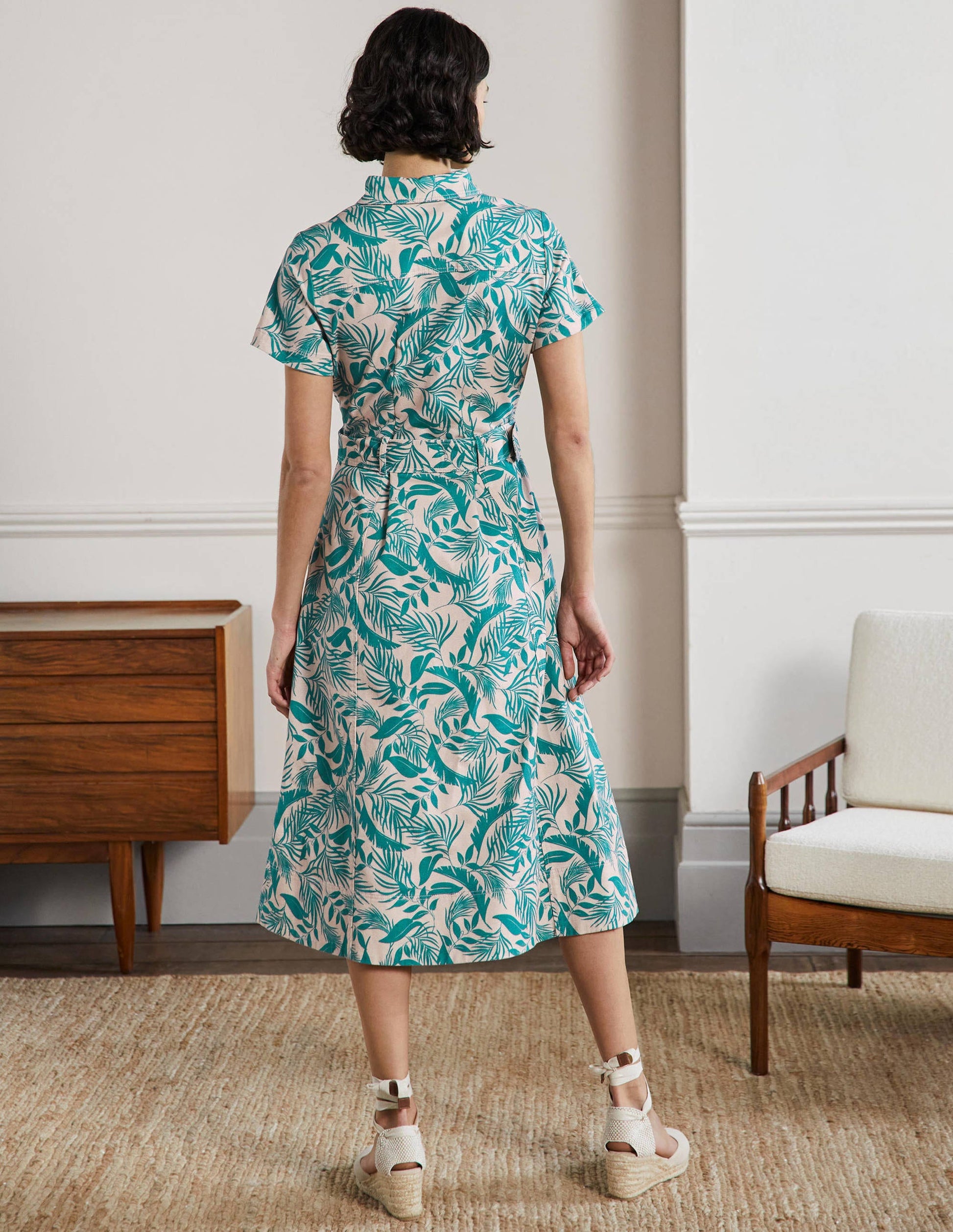 Belted Midi Shirt Dress-Milkshake, Tropic Foliage-3