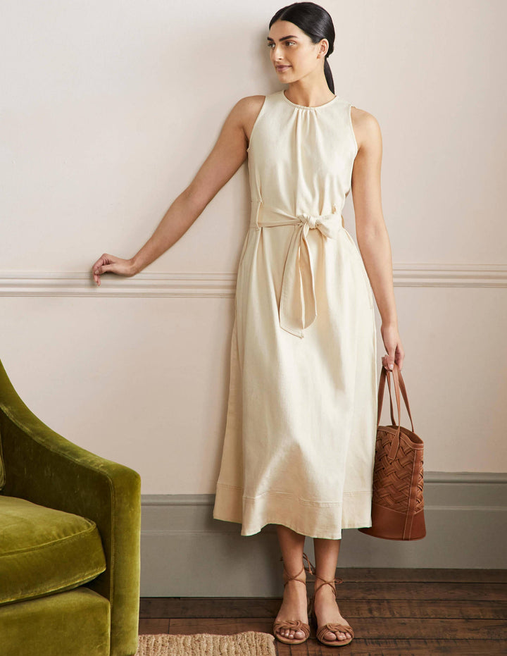 Sleeveless Belted Midi Dress-Ecru