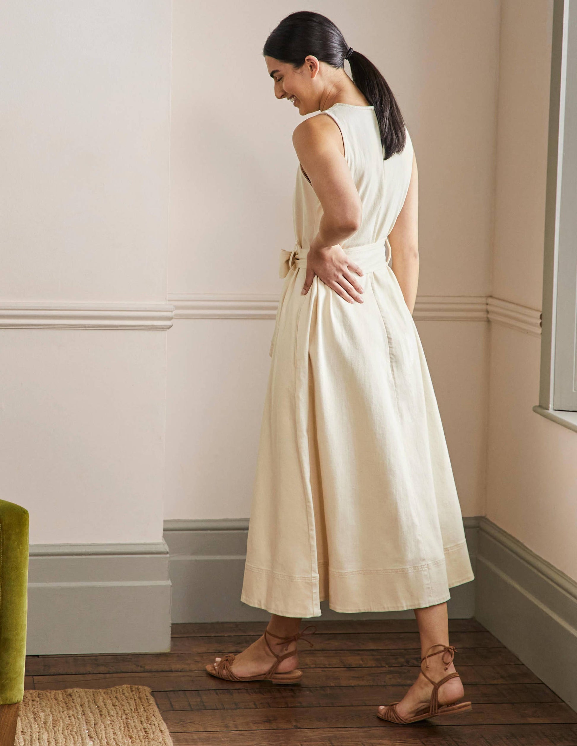Ärmelloses Midikleid mit Gürtel-Ecru-3