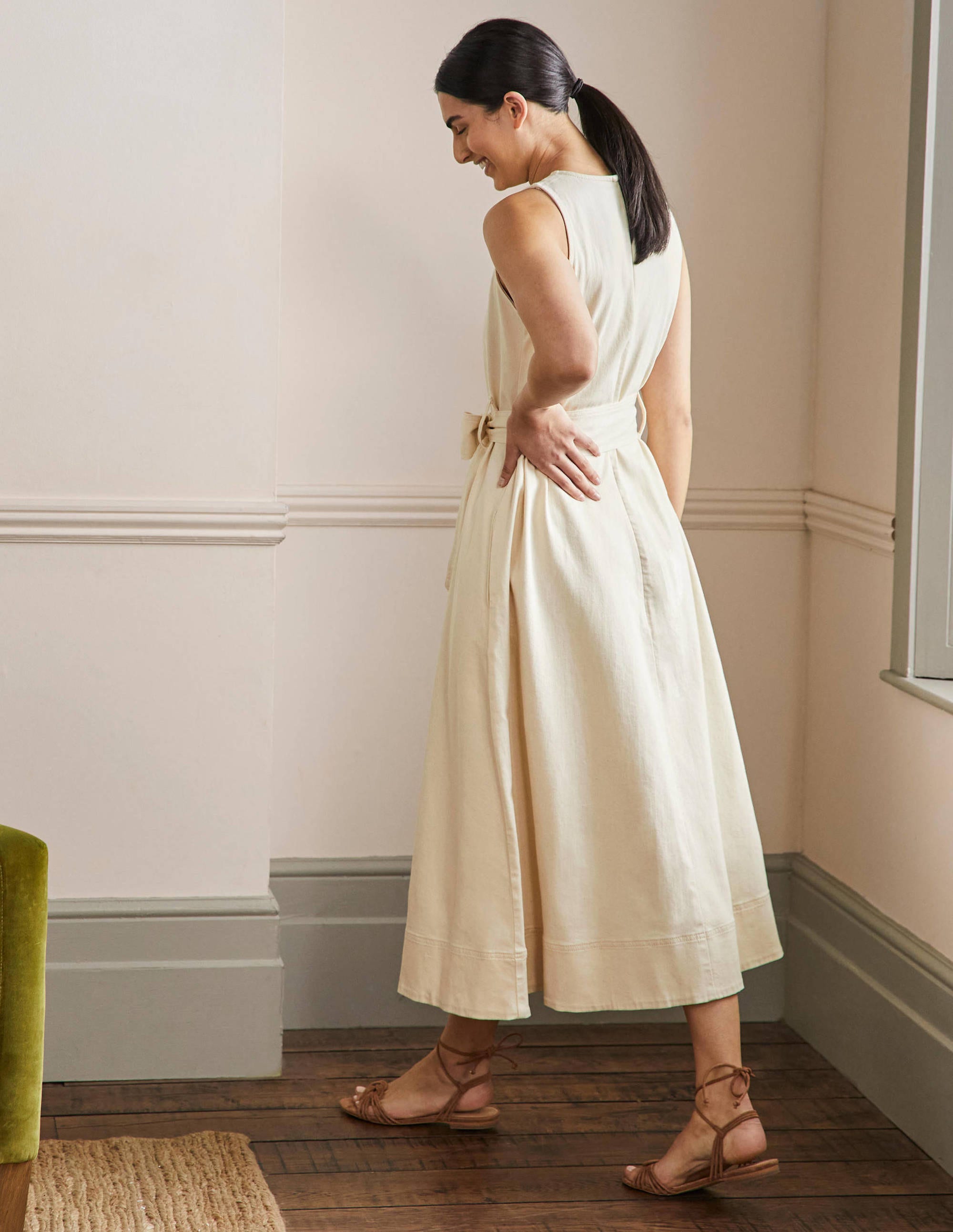 Robe midi sans manches à ceinture-Écru - Image 3