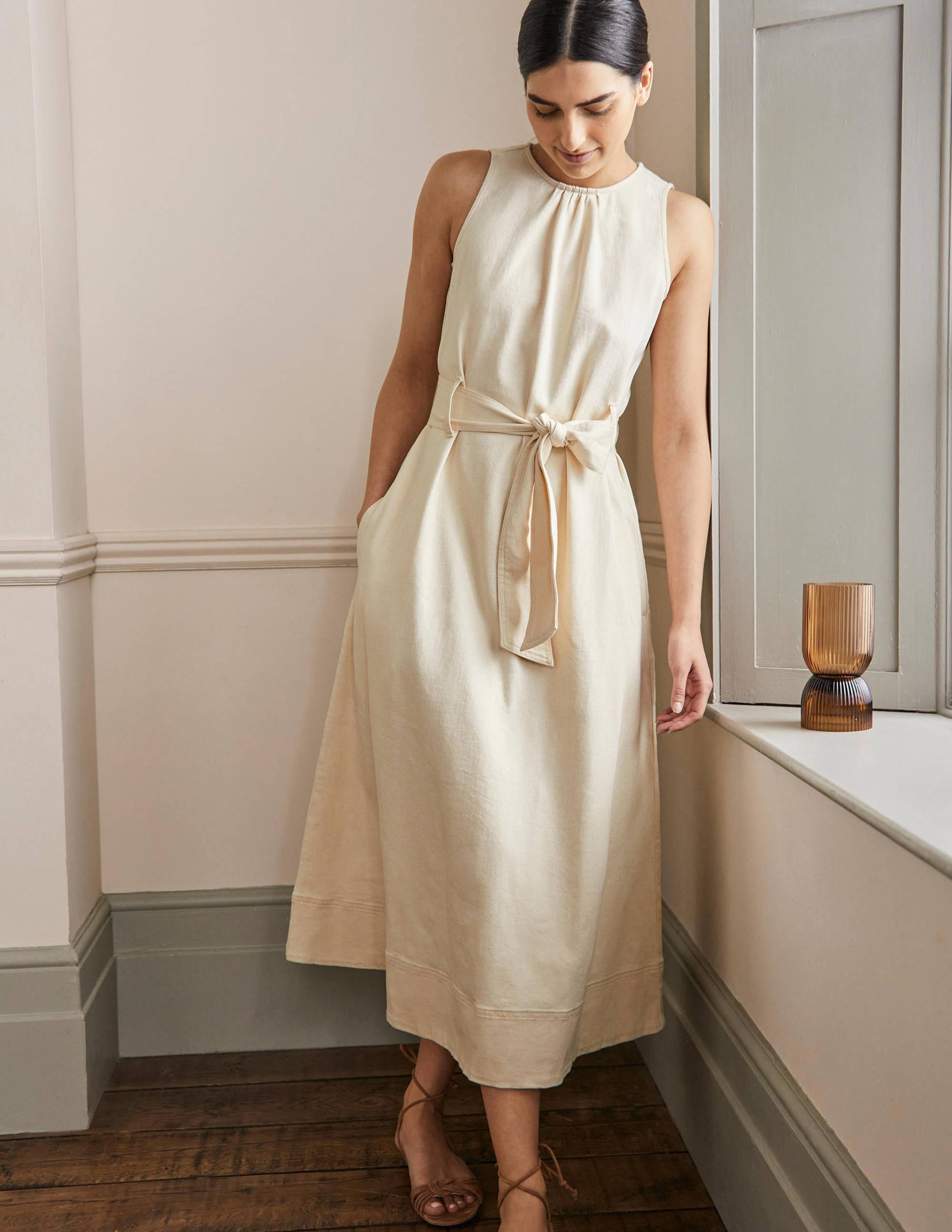 Robe midi sans manches à ceinture-Écru - Image 4