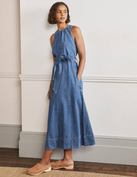 Ärmelloses Midikleid mit Gürtel-Mittleres Vintageblau, Denim