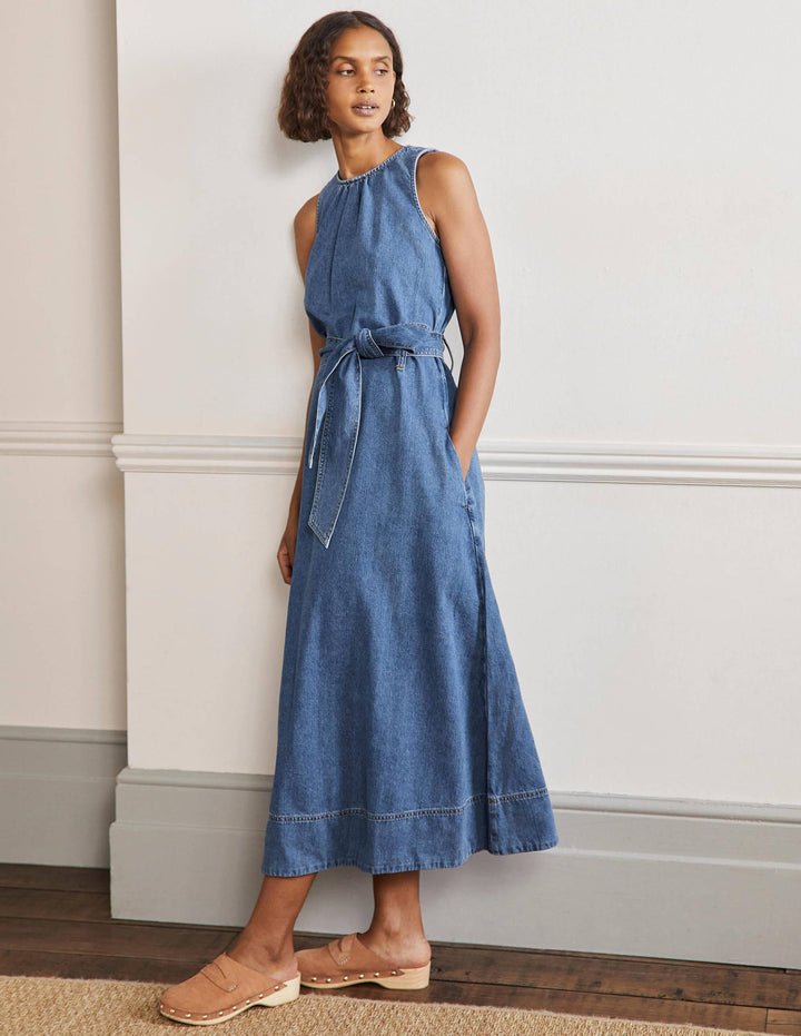 Sleeveless Belted Midi Dress-Mid Vintage Denim