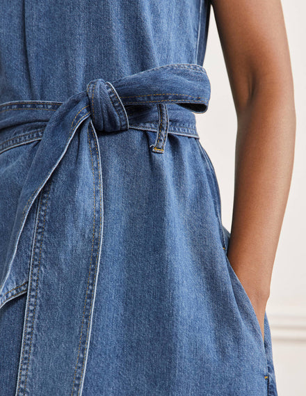 Ärmelloses Midikleid mit Gürtel-Mittleres Vintageblau, Denim