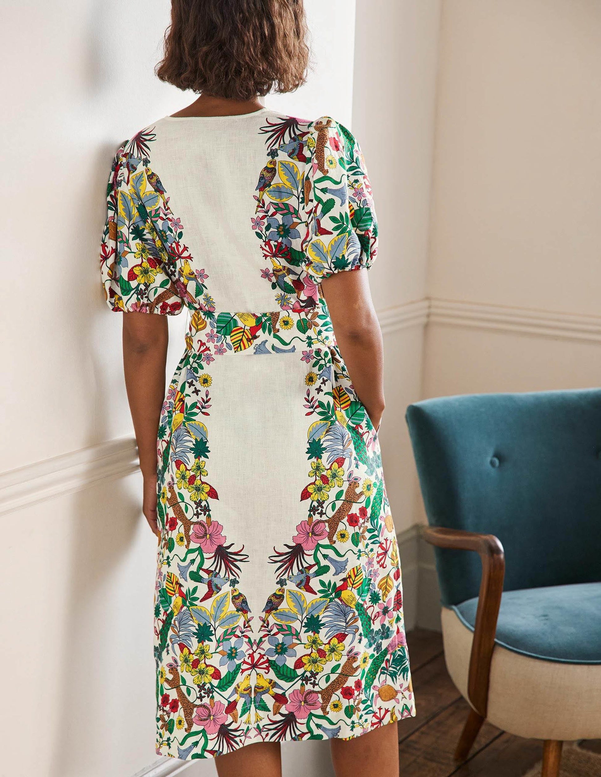 Midikleid aus Leinen mit Puffärmeln-Naturweiß, Exotisches Paradies-3