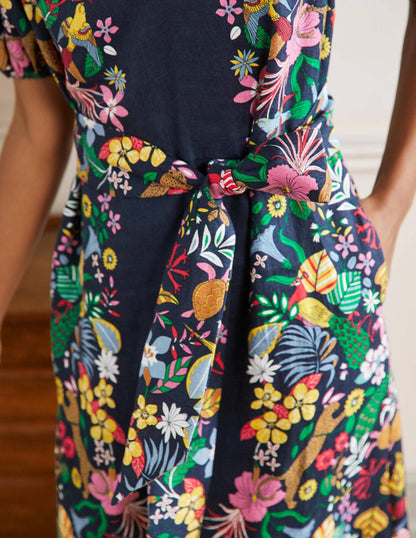 Midikleid aus Leinen mit Puffärmeln-Navy, Exotisches Paradies