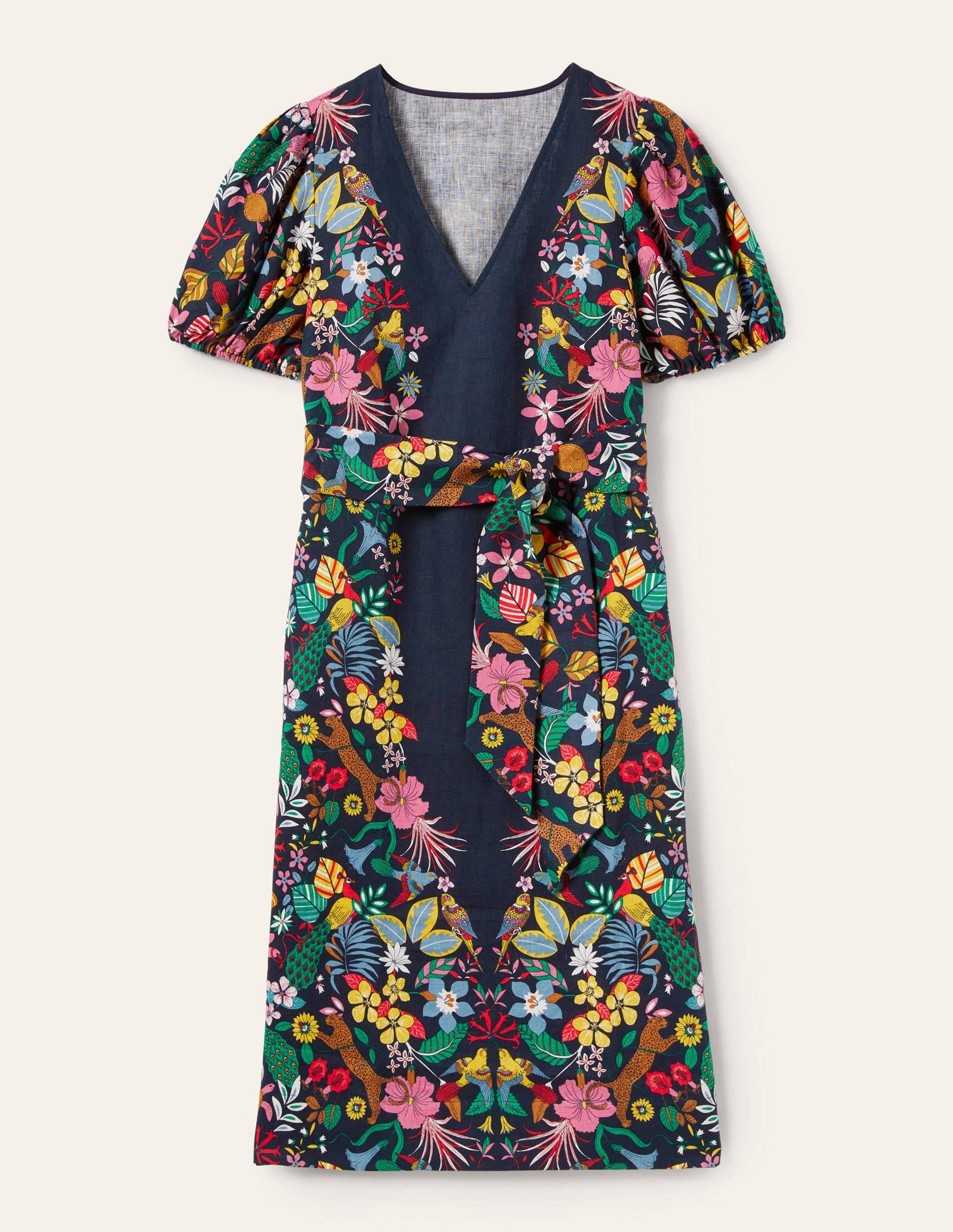 Robe midi en lin à manches bouffantes-Bleu marine, motif Exotic Paradise - Image 11