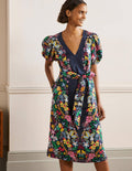 Robe midi en lin à manches bouffantes-Bleu marine, motif Exotic Paradise