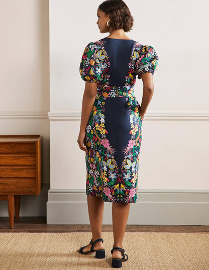 Midikleid aus Leinen mit Puffärmeln-Navy, Exotisches Paradies