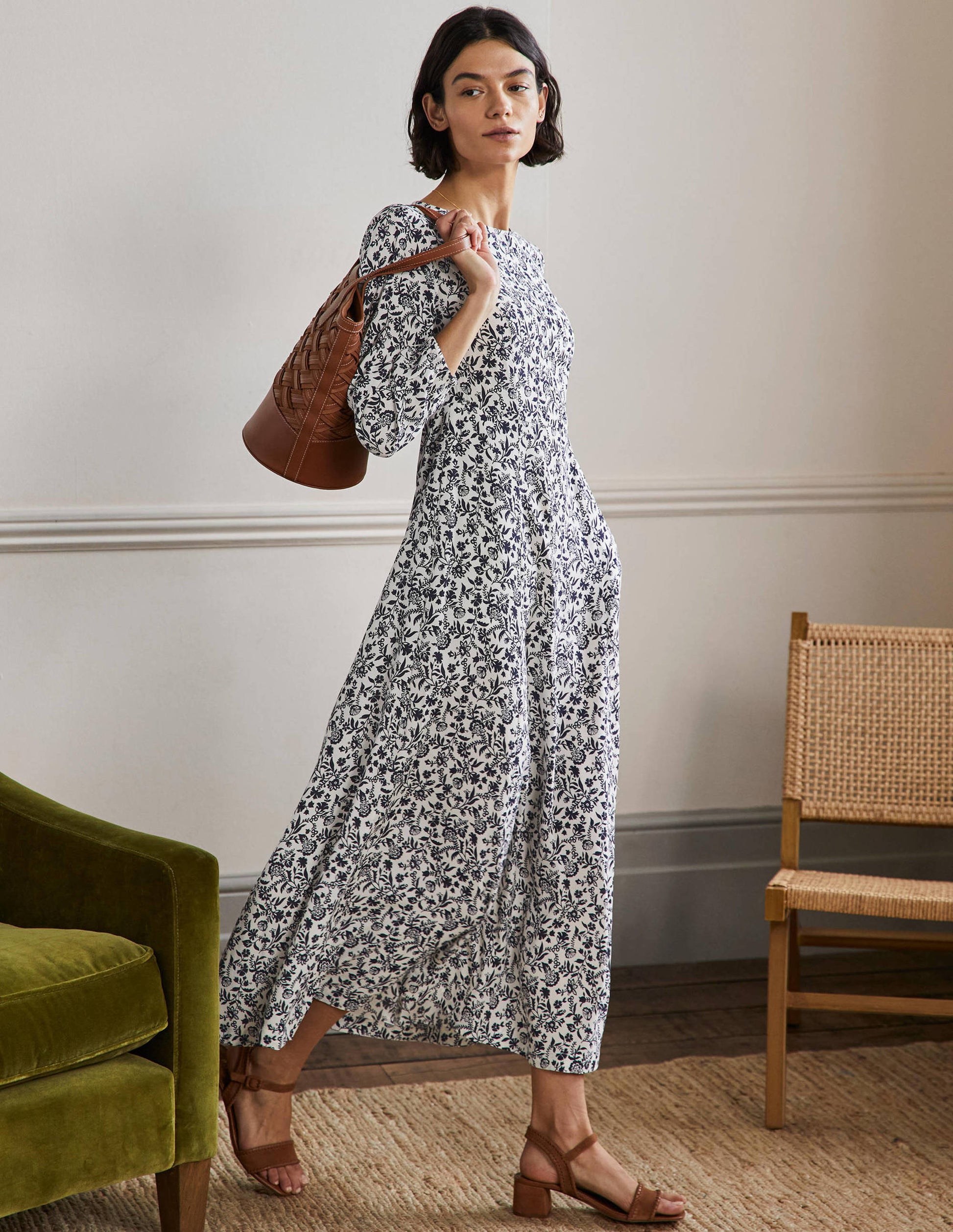 Robe longue à col rond-Bleu marine, motif Flora Charm-9