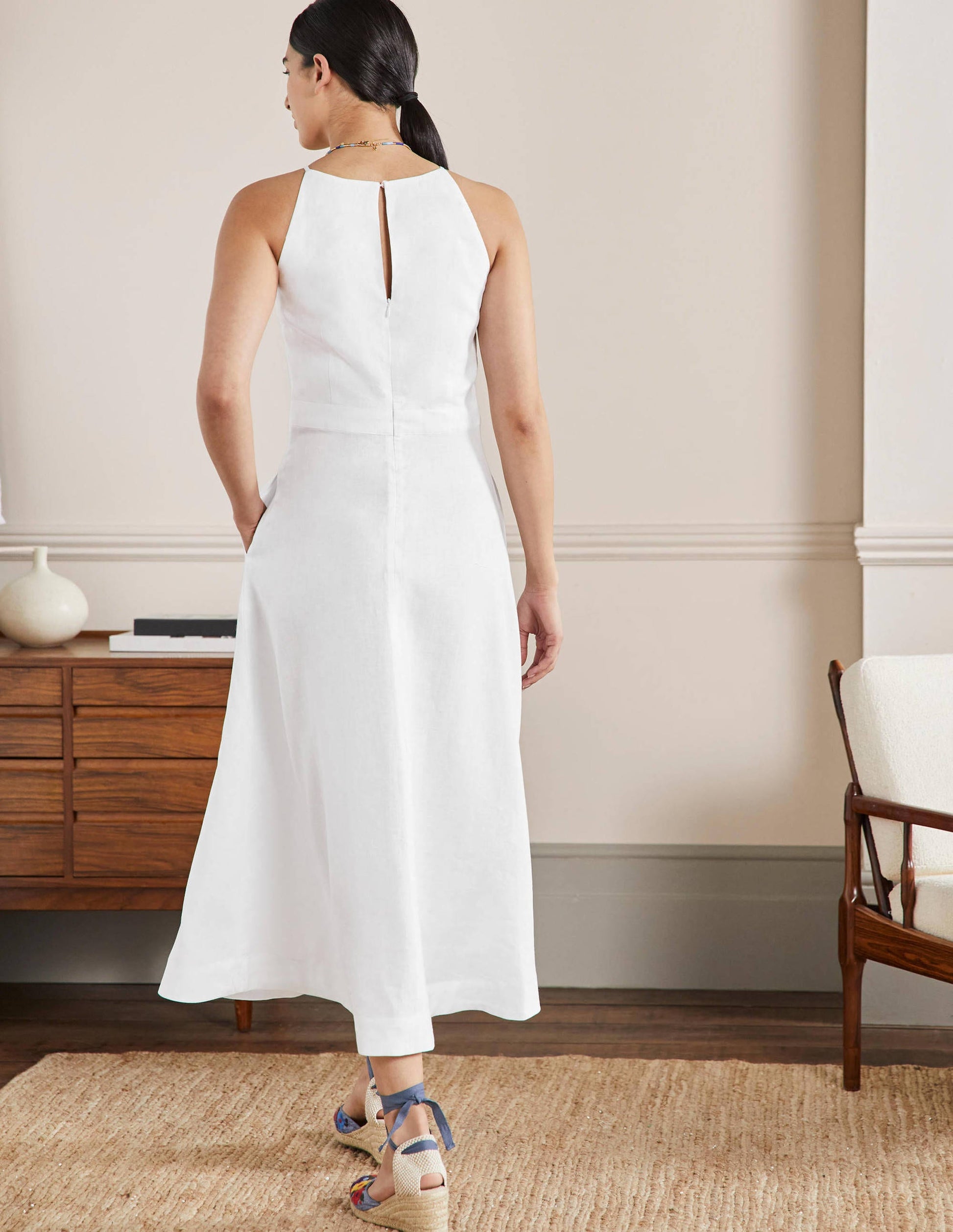 Halterneck Linen Midi Dress-White-3