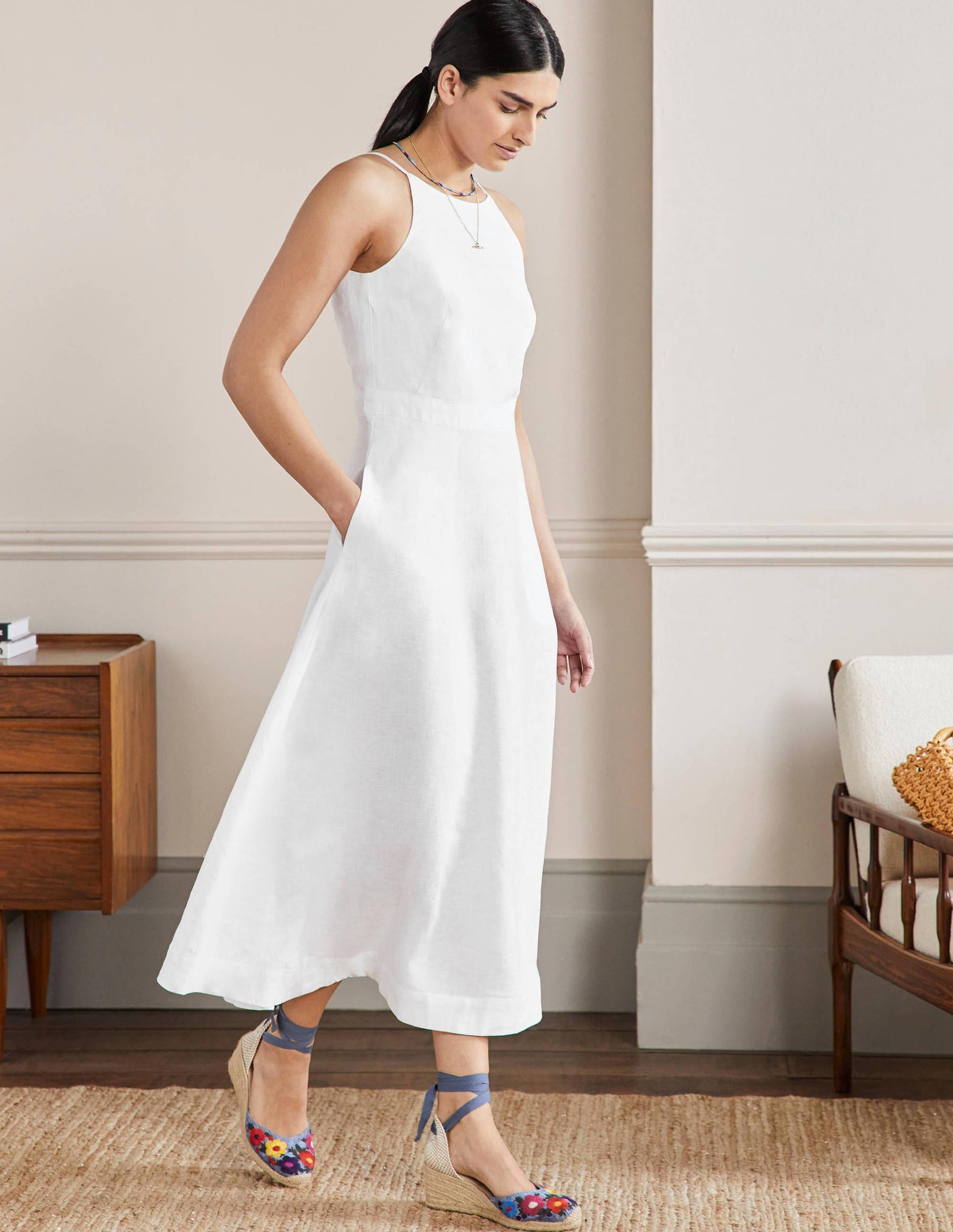 Halterneck Linen Midi Dress-White-4