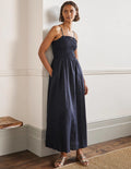Strapless Linen Midi Dress-Navy