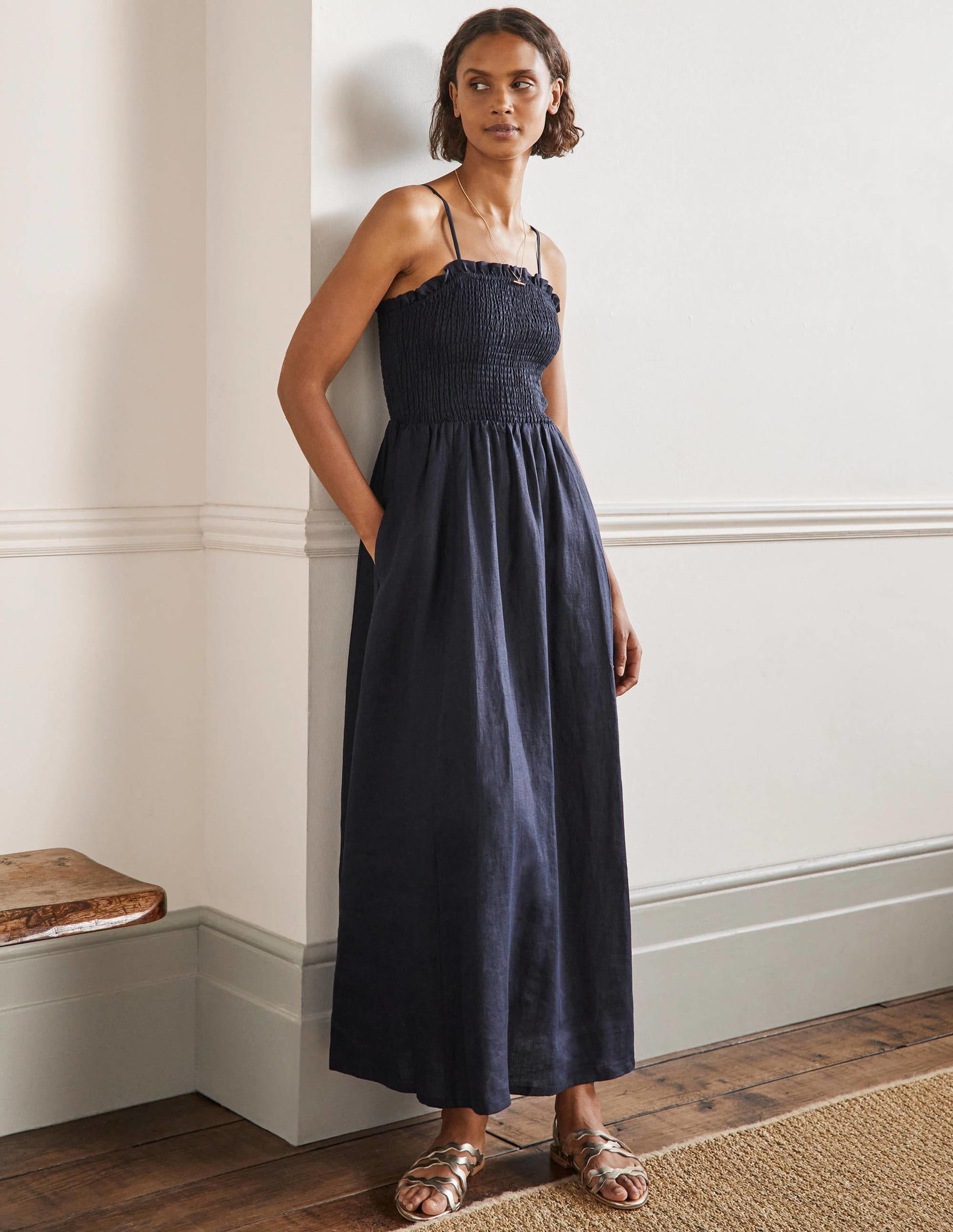 Strapless Linen Midi Dress-Navy-1