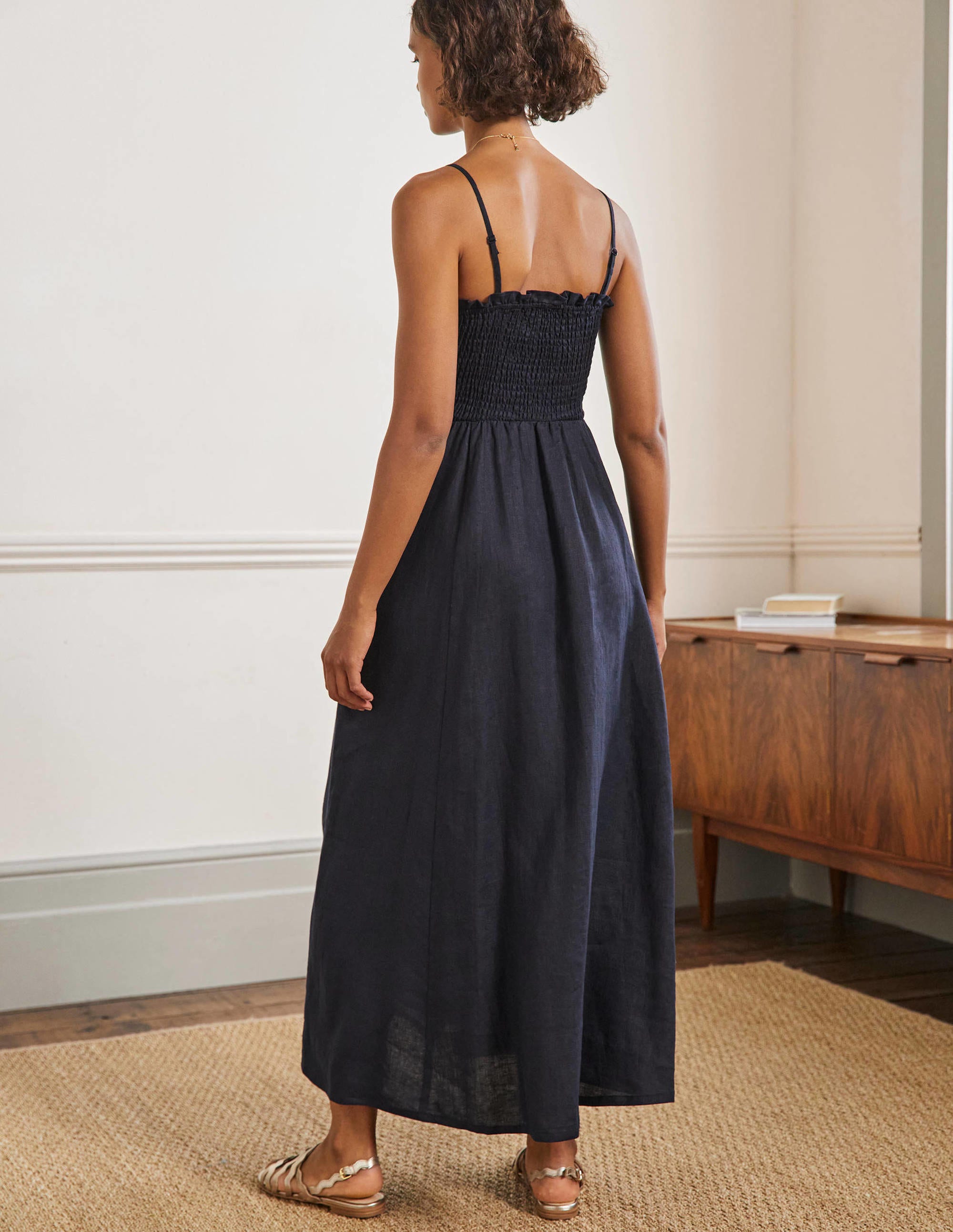 Strapless Linen Midi Dress-Navy - Image 3
