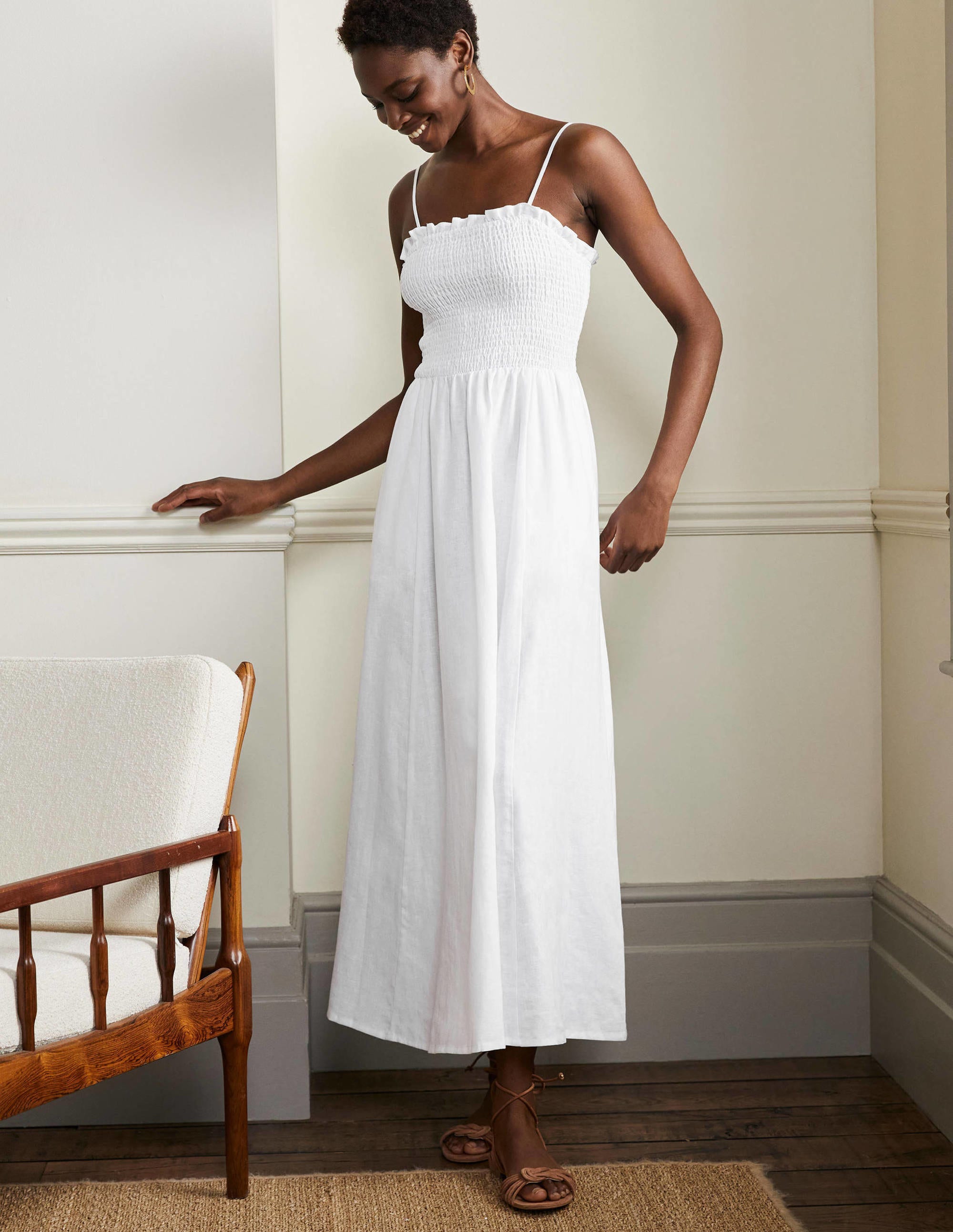 Trägerloses Leinen-Midikleid-Weiß - Image 1